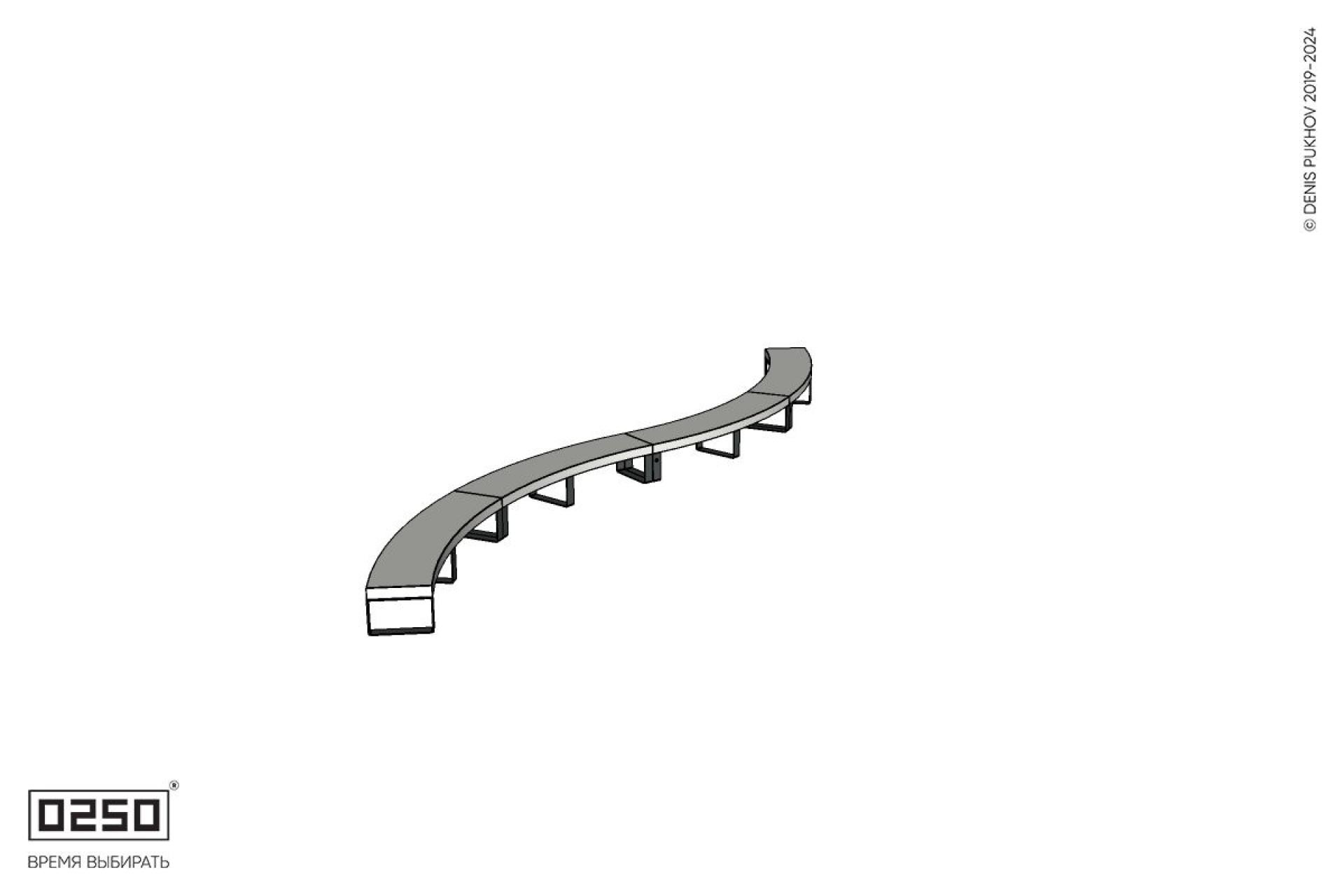 Уличная Бетонная изогнутая скамейка четырехпролетная двойная большого радиуса на ножках производство 0250 Уличная Бетонная изогнутая скамейка четырехпролетная двойная большого радиуса на ножках производство 0250