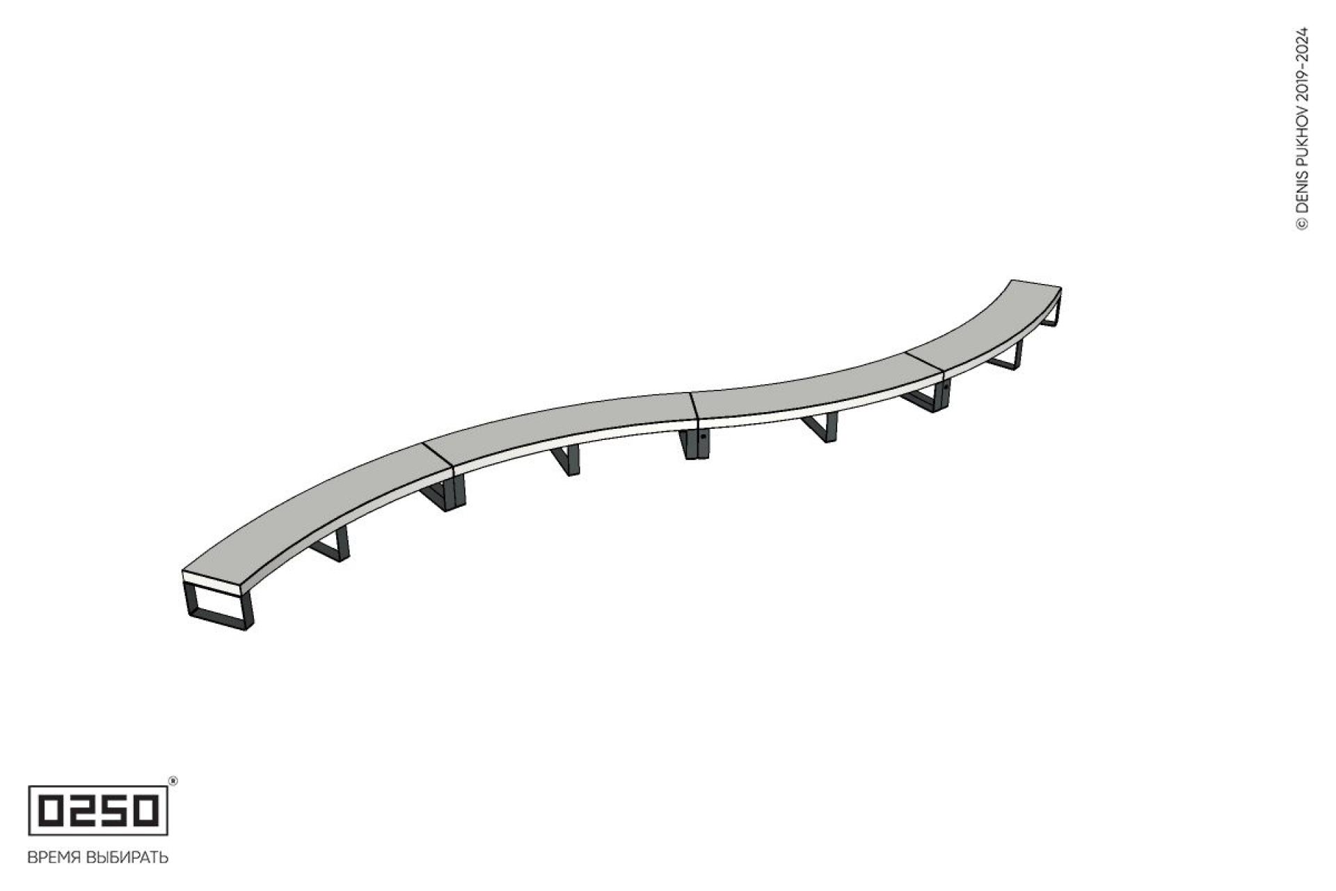 Уличная Бетонная изогнутая скамейка четырехпролетная двойная большого радиуса на ножках производство 0250 Уличная Бетонная изогнутая скамейка четырехпролетная двойная большого радиуса на ножках производство 0250