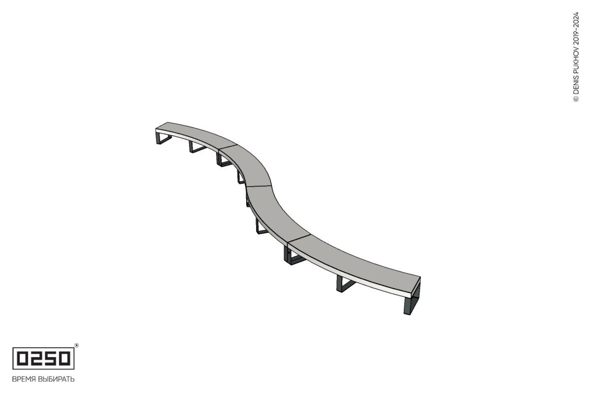 Уличная Бетонная изогнутая скамейка четырехпролетная двойная большого радиуса на ножках производство 0250 Уличная Бетонная изогнутая скамейка четырехпролетная двойная большого радиуса на ножках производство 0250