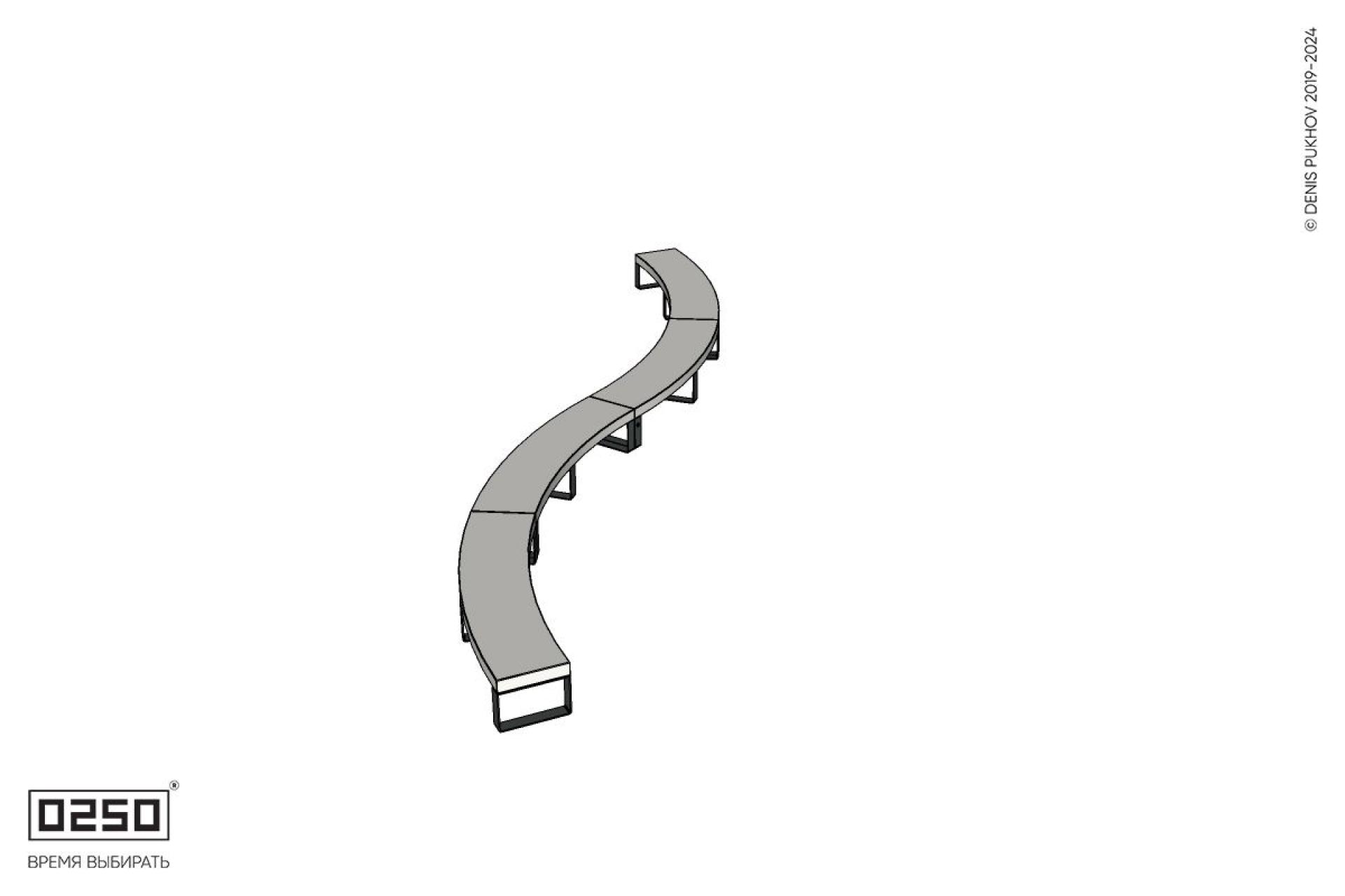 Уличная Бетонная изогнутая скамейка четырехпролетная двойная большого радиуса на ножках производство 0250 Уличная Бетонная изогнутая скамейка четырехпролетная двойная большого радиуса на ножках производство 0250