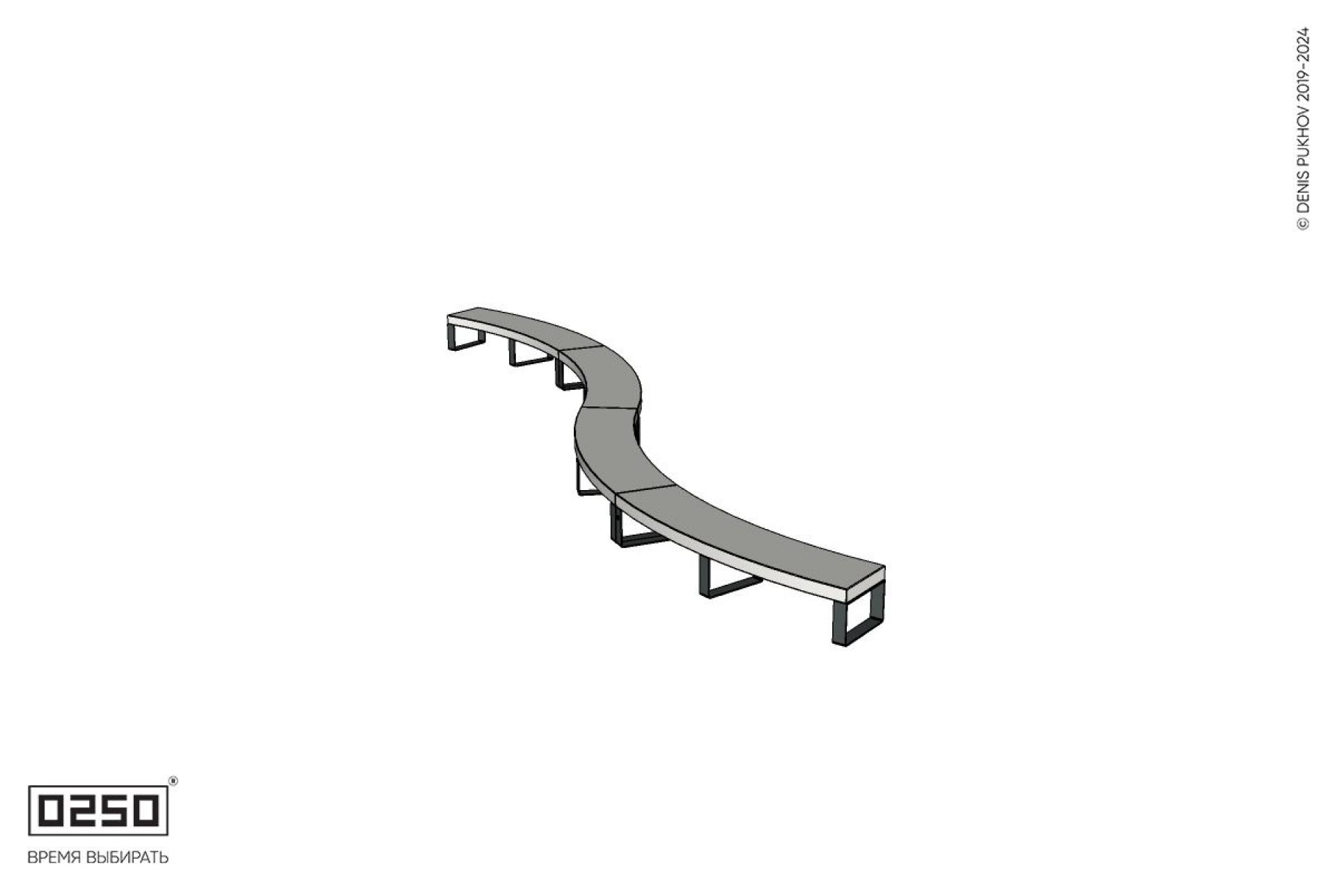 Уличная Бетонная изогнутая скамейка четырехпролетная двойная большого радиуса на ножках производство 0250 Уличная Бетонная изогнутая скамейка четырехпролетная двойная большого радиуса на ножках производство 0250