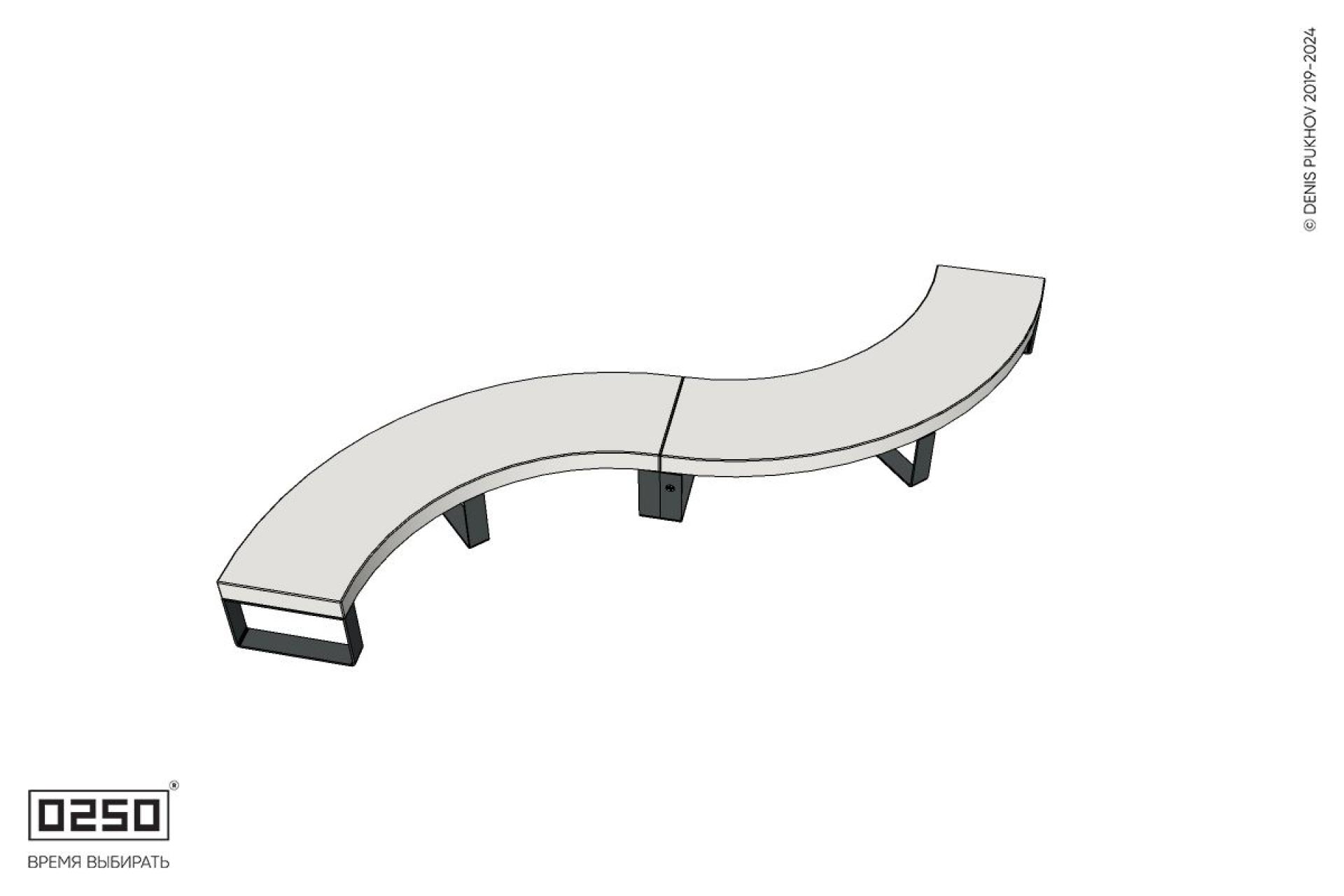 Уличная Бетонная изогнутая скамейка двухпролетная малого радиуса  на ножках производство 0250