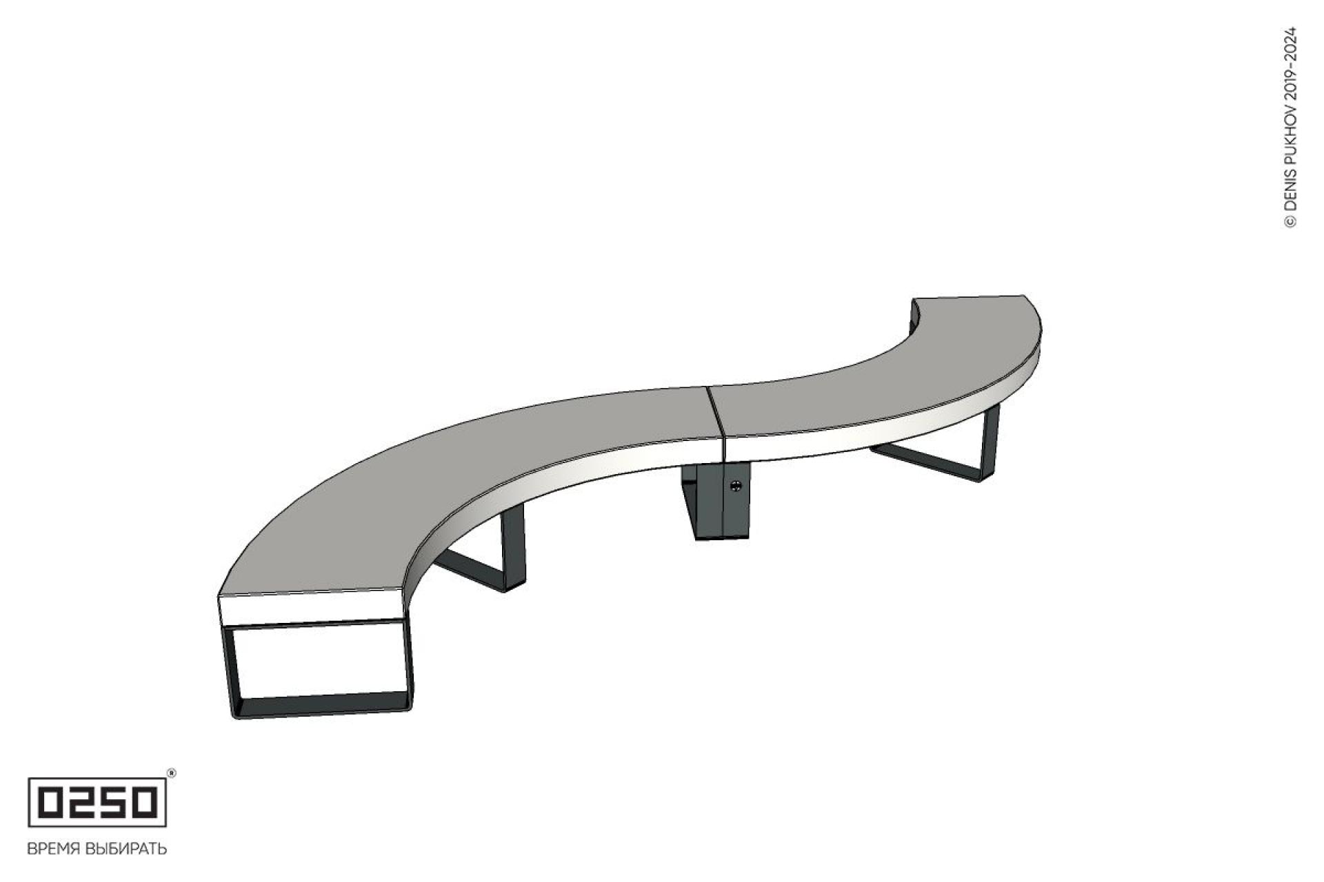 Уличная Бетонная изогнутая скамейка двухпролетная малого радиуса  на ножках производство 0250