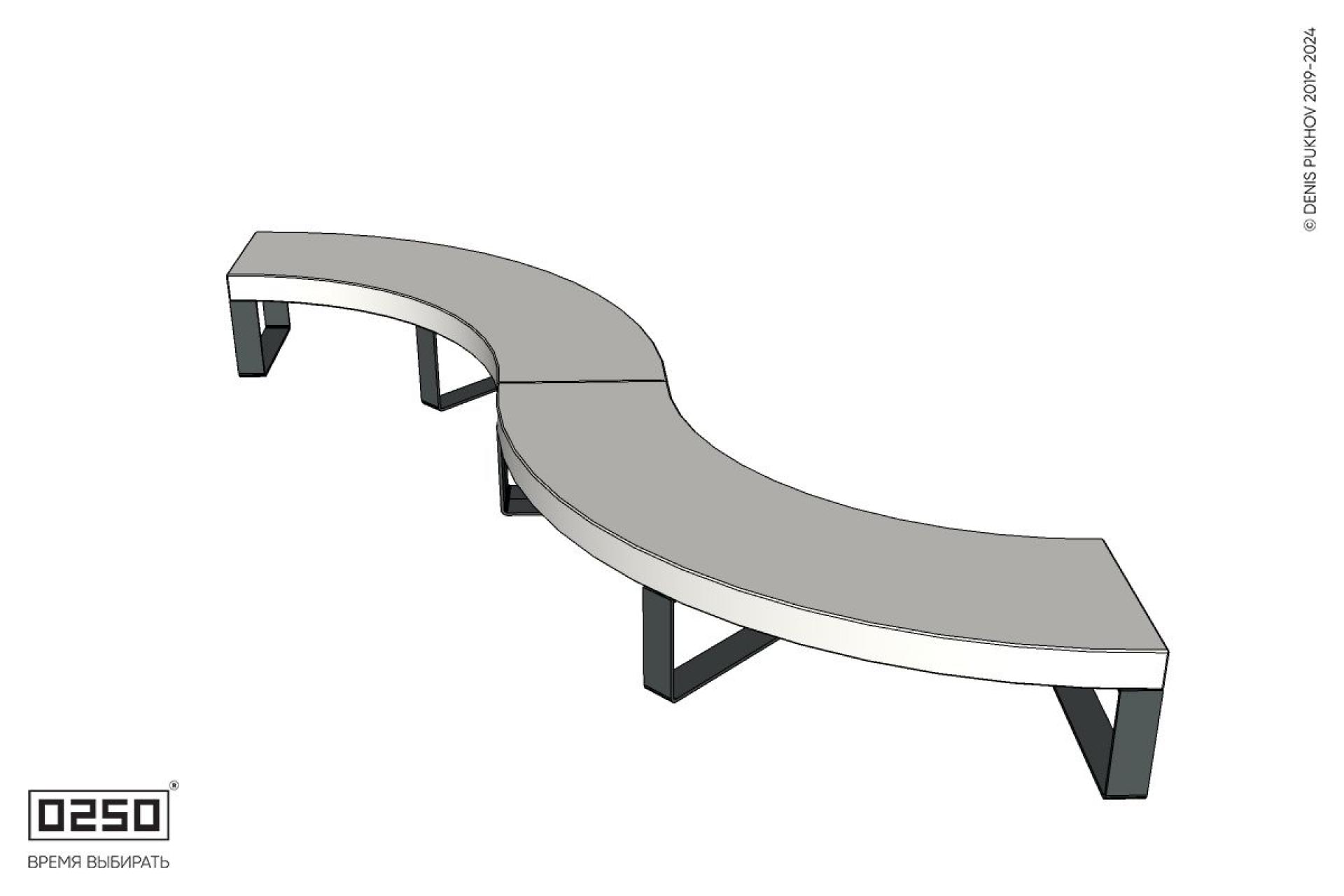 Уличная Бетонная изогнутая скамейка двухпролетная малого радиуса  на ножках производство 0250