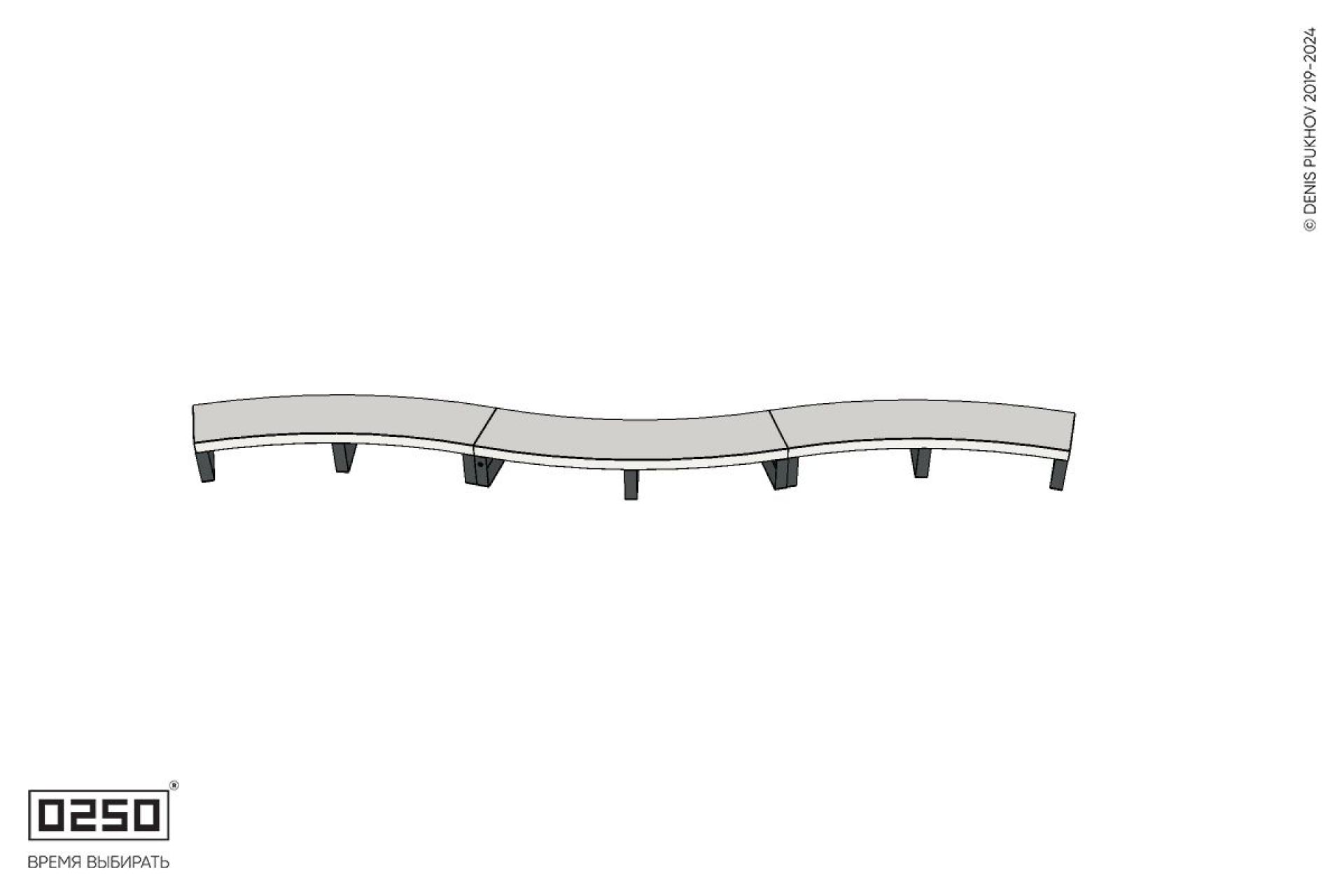 Уличная Бетонная изогнутая скамейка трехпролетная большого радиуса на ножках производство 0250 Уличная Бетонная изогнутая скамейка трехпролетная большого радиуса на ножках производство 0250