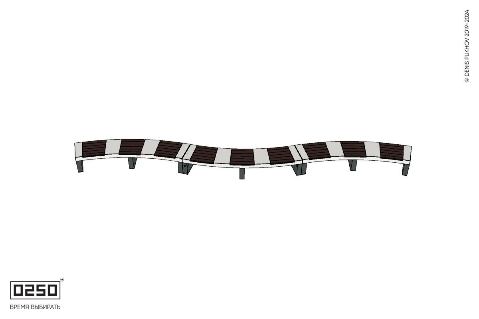 Уличная Изогнутая скамейка на ножках трехпролетная большого радиуса производство 0250