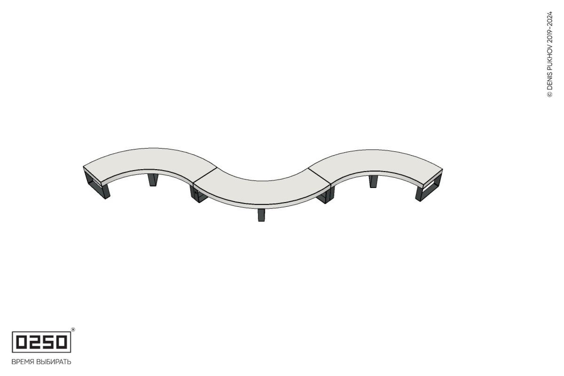 Уличная Бетонная изогнутая скамейка трехпролетная малого радиуса на ножках производство 0250