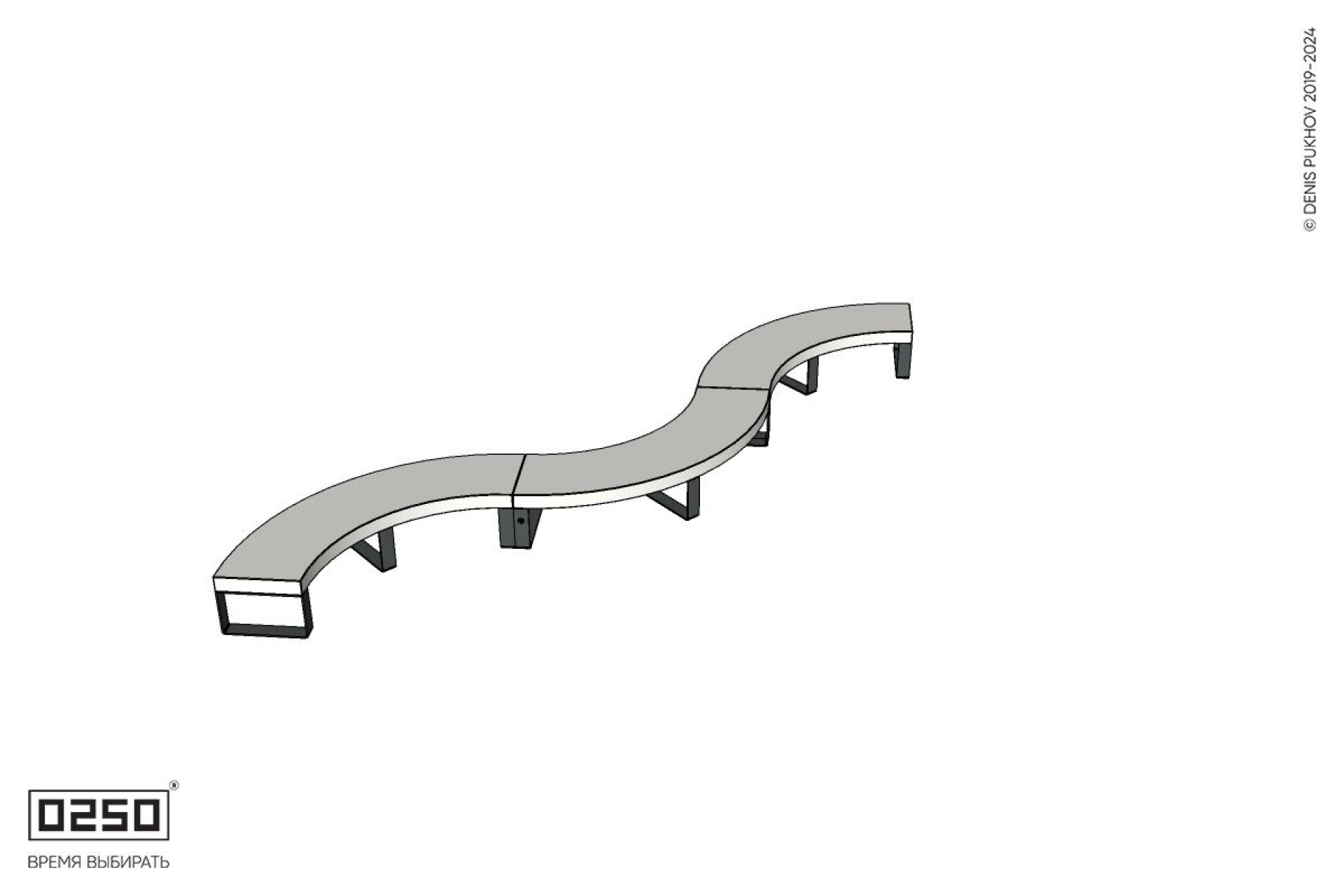 Уличная Бетонная изогнутая скамейка трехпролетная малого радиуса на ножках производство 0250