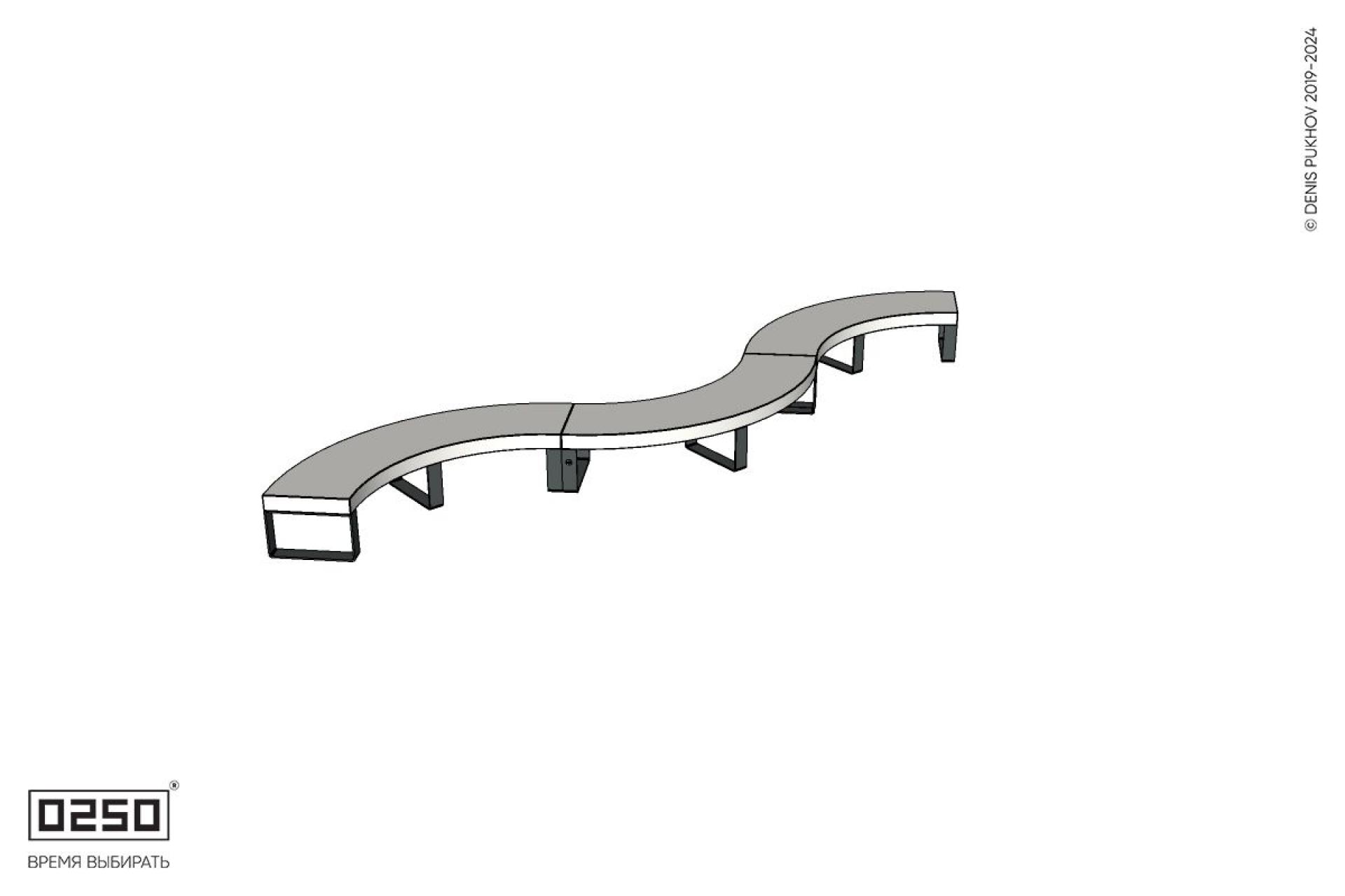 Уличная Бетонная изогнутая скамейка трехпролетная малого радиуса на ножках производство 0250