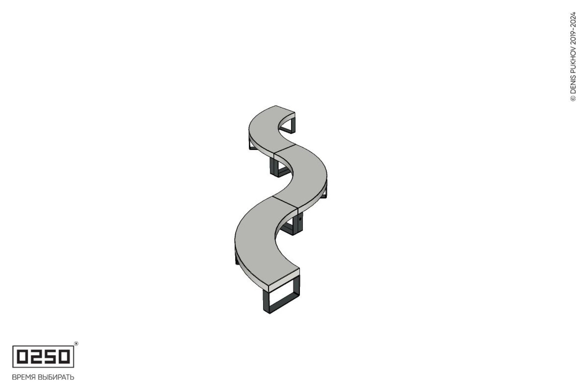 Уличная Бетонная изогнутая скамейка трехпролетная малого радиуса на ножках производство 0250