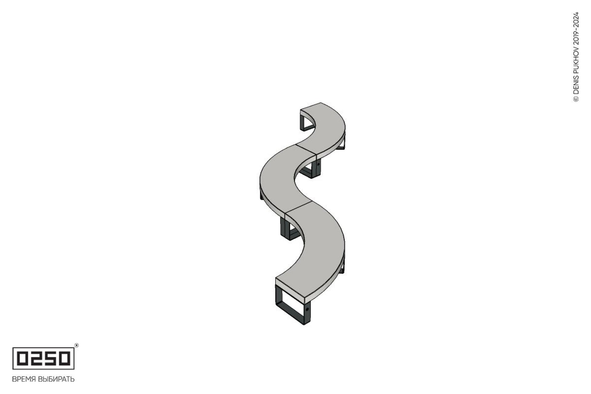 Уличная Бетонная изогнутая скамейка трехпролетная малого радиуса на ножках производство 0250