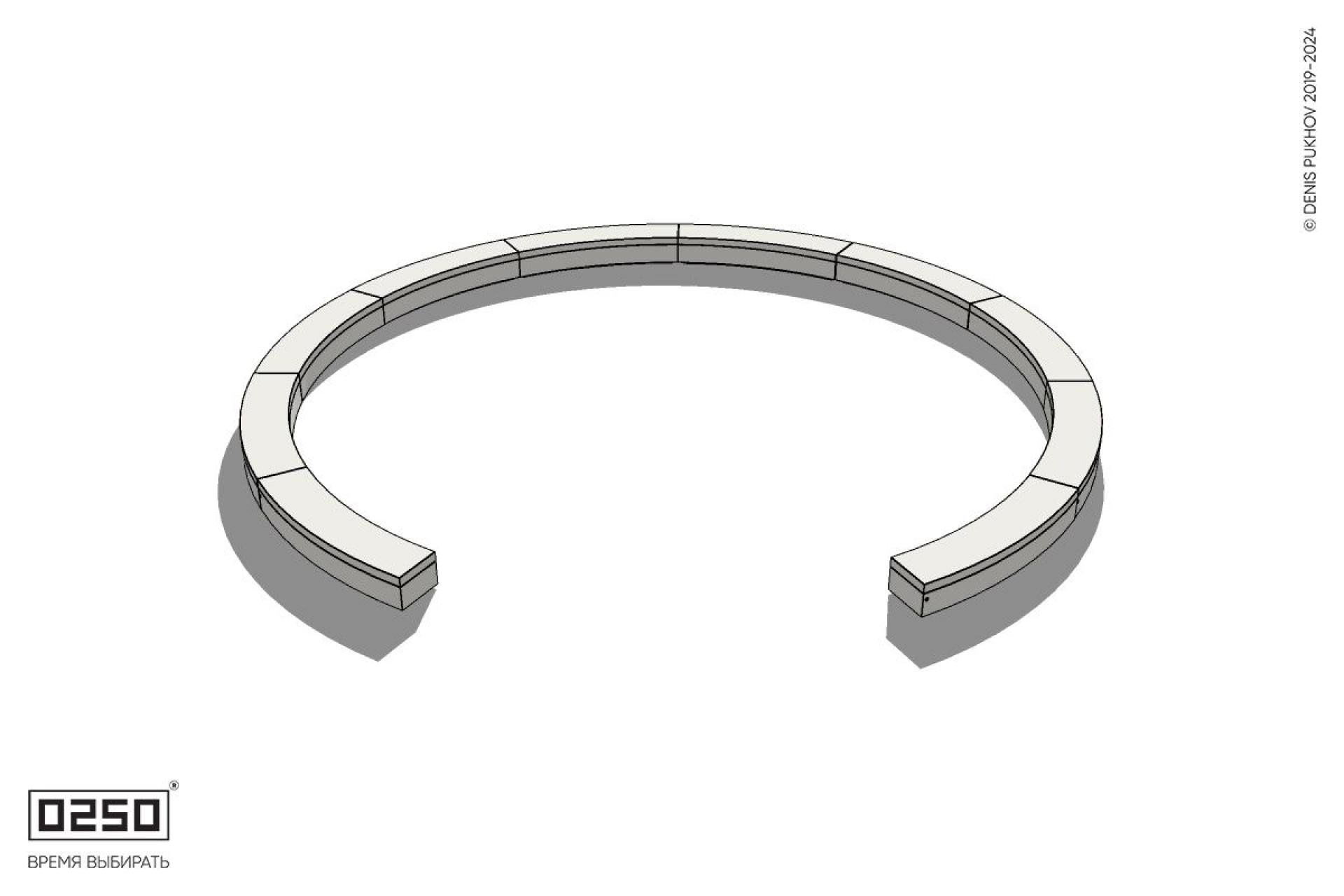 Уличная Бетонная с-образная скамейка  десятипролетная большого радиуса на блоке производство 0250