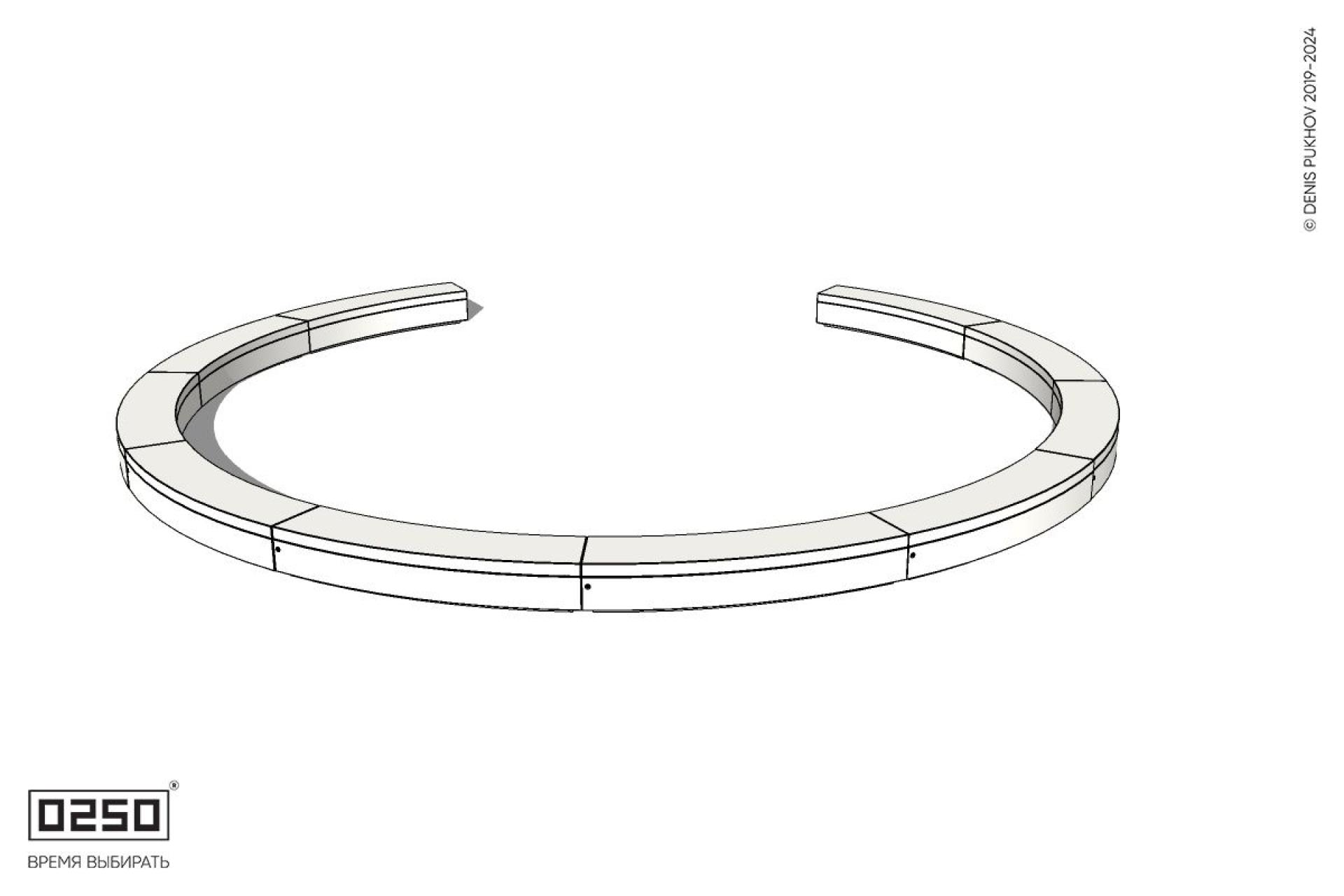 Уличная Бетонная с-образная скамейка  десятипролетная большого радиуса на блоке производство 0250