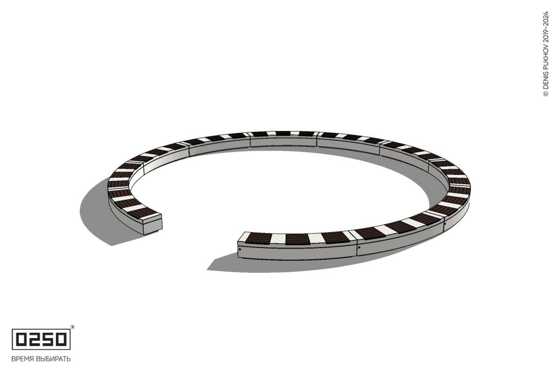 Уличная Кольцевидная скамейка большого радиуса одиннадцатипролетная на блоке производство 0250