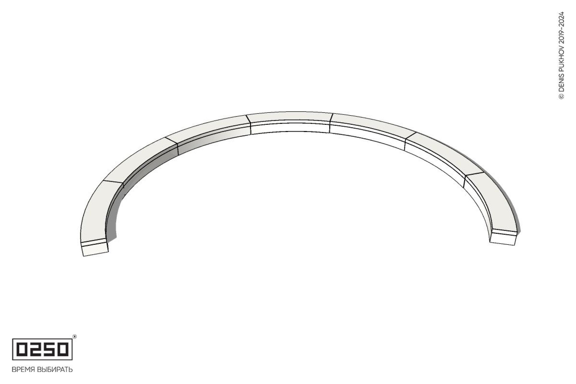 Уличная Бетонная с-образная скамейка  семипролетная большого радиуса на блоке производство 0250