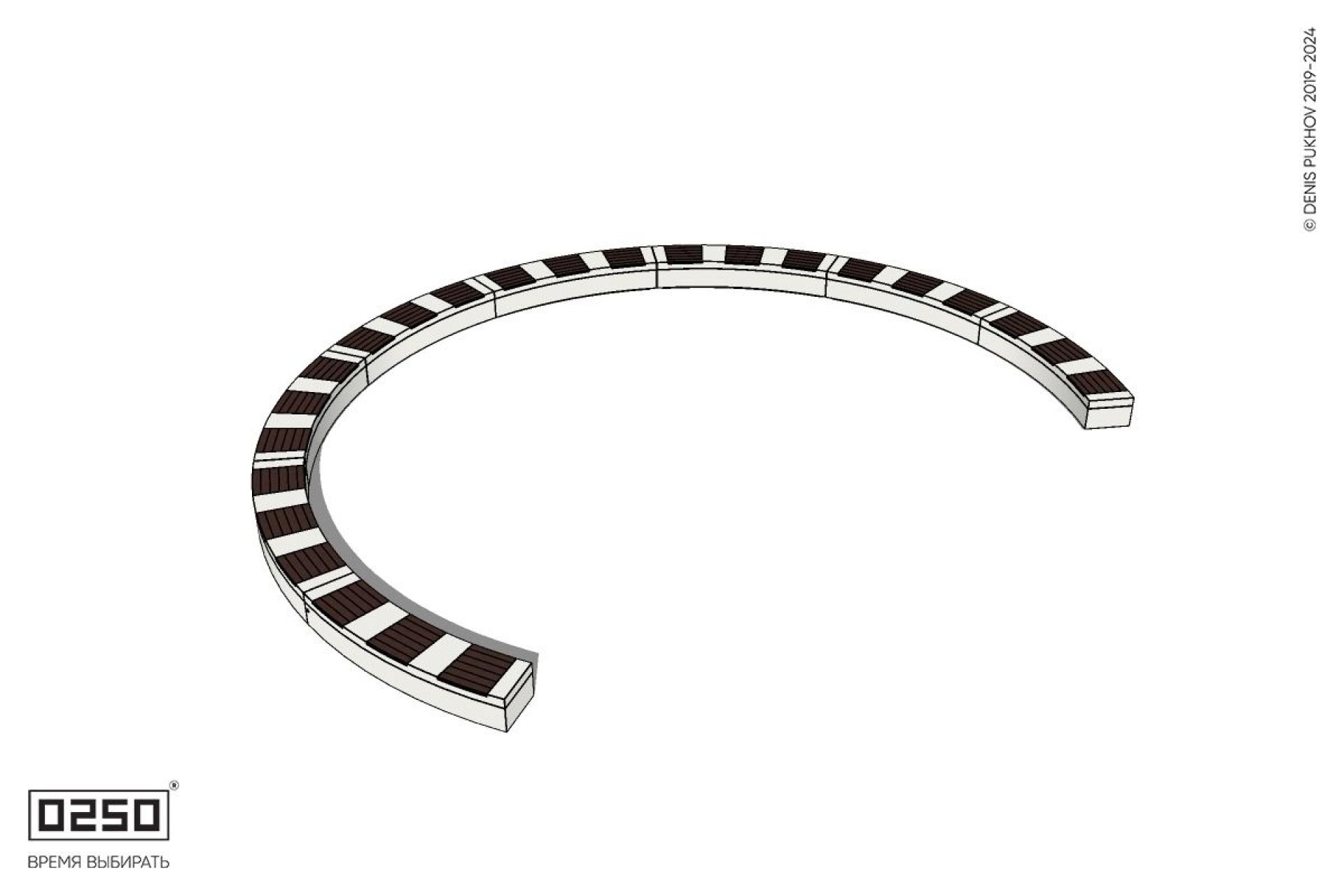 Уличная Скамейка с-образная восьмипролетная большого радиуса на блоке производство 0250 Уличная Скамейка с-образная восьмипролетная большого радиуса на блоке производство 0250