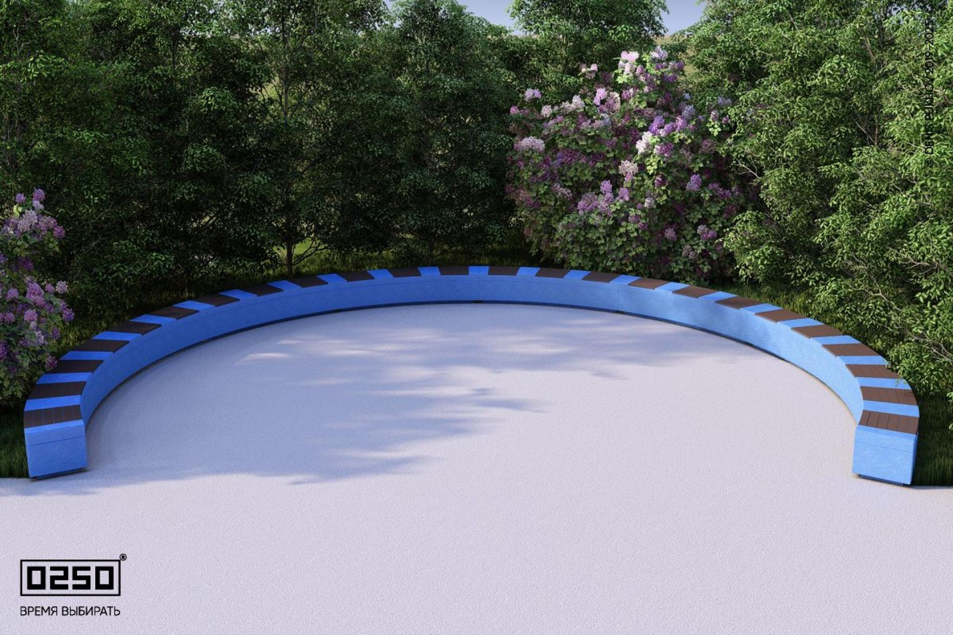 "Небесный лазули" - цвета ультрабетона скамейки с-образной восьмипролетной большого радиуса на блоке Визуализация: Модульная с-образная восьмипролетная скамейка большого радиуса на блоке из ультрабетона голубого цвета
