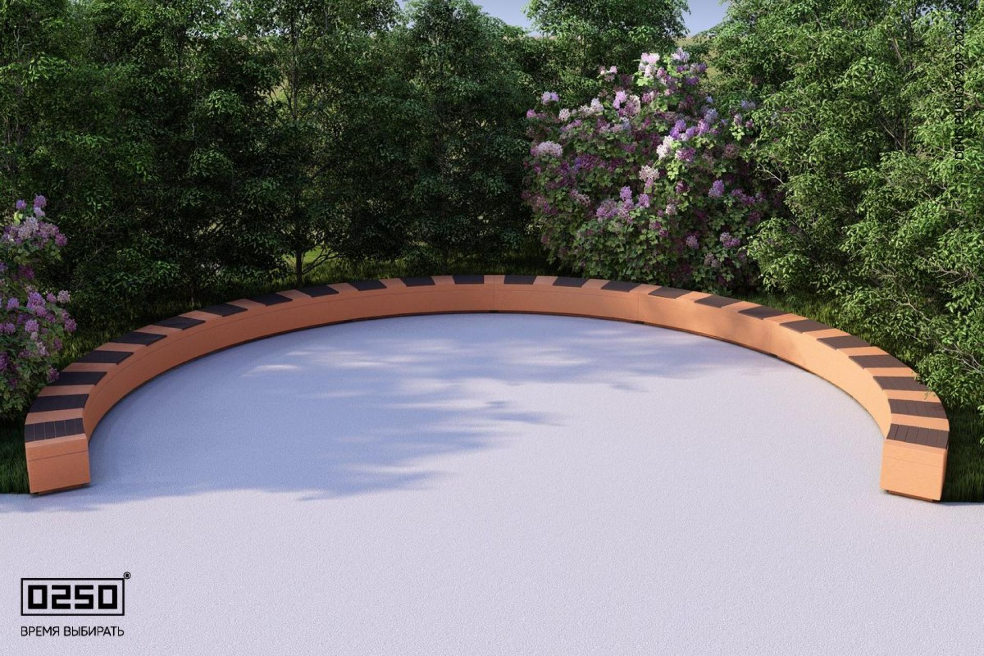 "Рыжий кортен" - цвета ультрабетона скамейки с-образной восьмипролетной большого радиуса на блоке Визуализация: Модульная с-образная восьмипролетная скамейка большого радиуса на блоке из ультрабетона оранжевого цвета