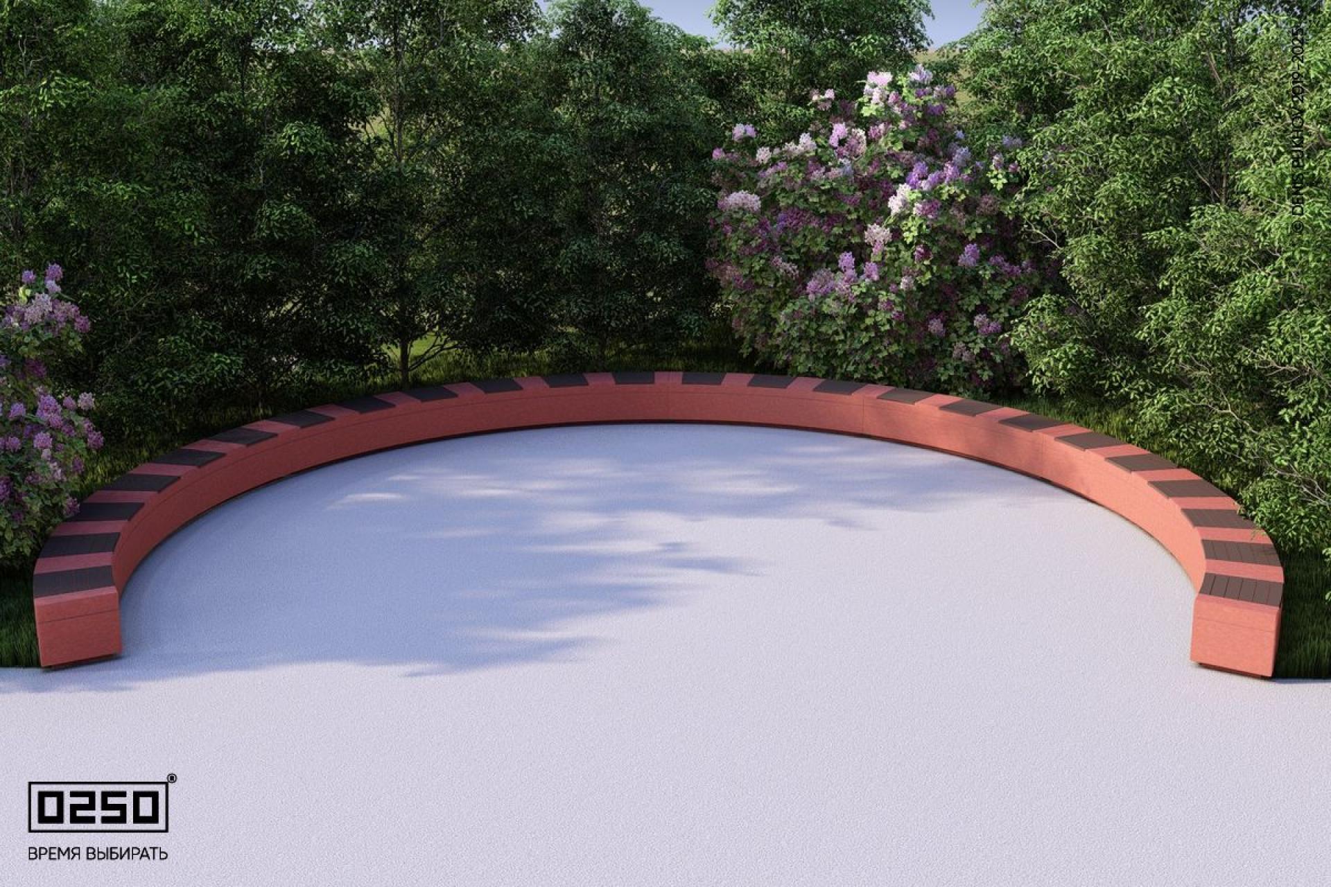 "Красный марс" - цвета ультрабетона скамейки с-образной восьмипролетной большого радиуса на блоке Визуализация: Модульная с-образная восьмипролетная скамейка большого радиуса на блоке из ультрабетона красного цвета