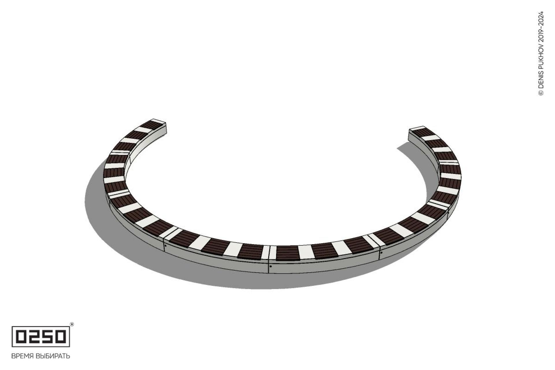 Уличная Скамейка с-образная восьмипролетная большого радиуса на блоке производство 0250 Уличная Скамейка с-образная восьмипролетная большого радиуса на блоке производство 0250