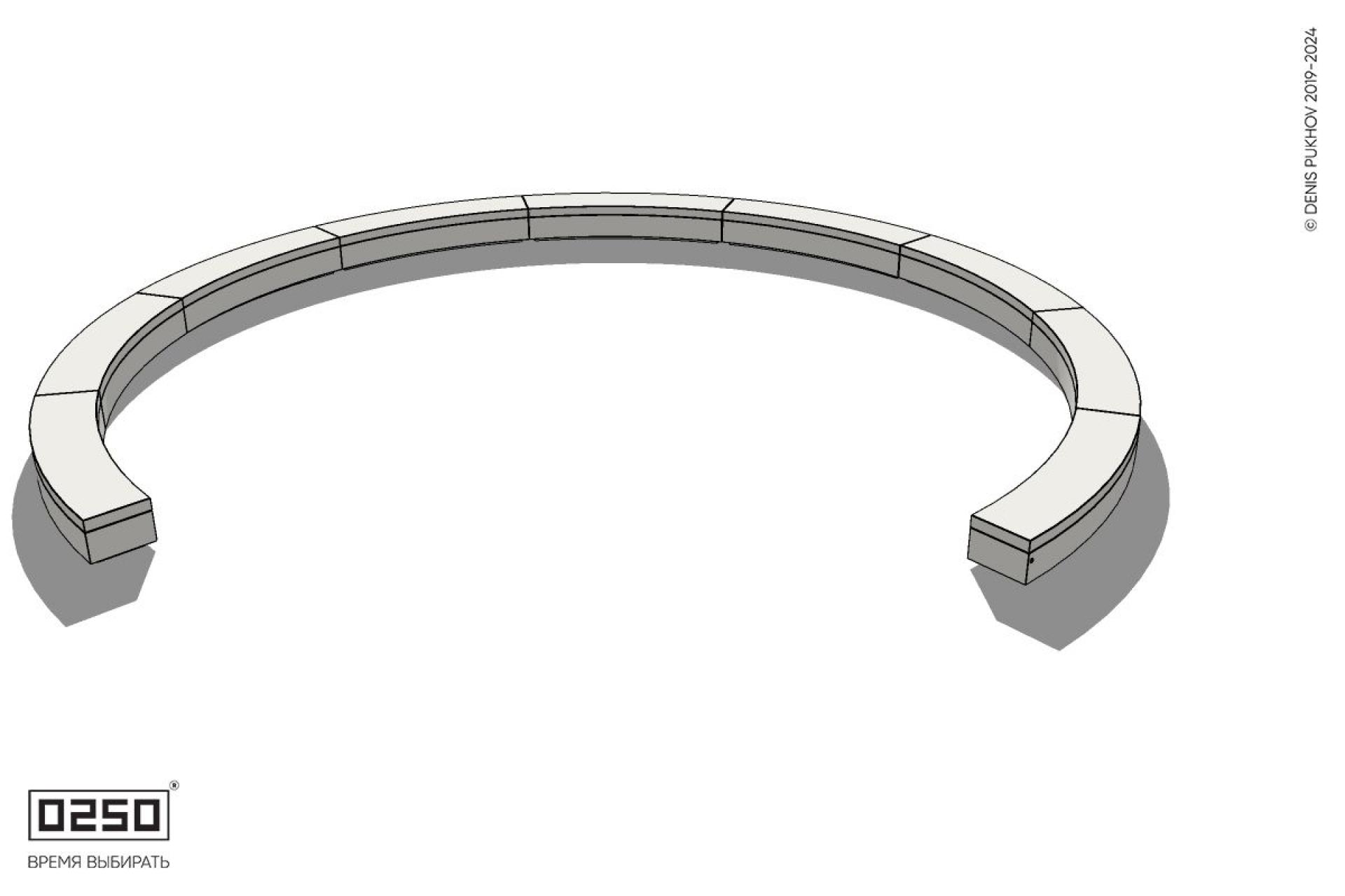 Уличная Бетонная с-образная скамейка  девятипролетная большого радиуса на блоке производство 0250