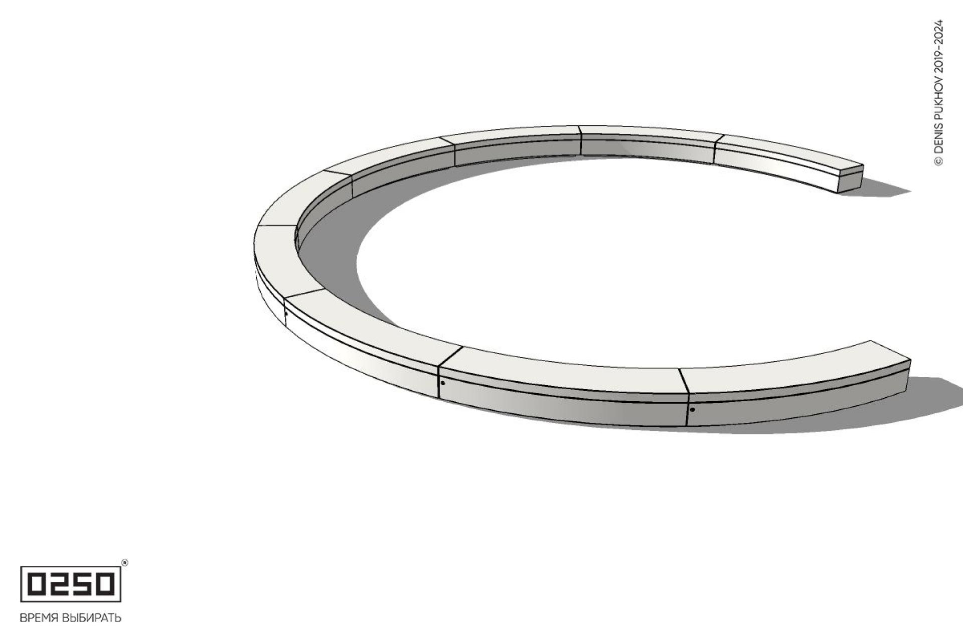 Уличная Бетонная с-образная скамейка  девятипролетная большого радиуса на блоке производство 0250