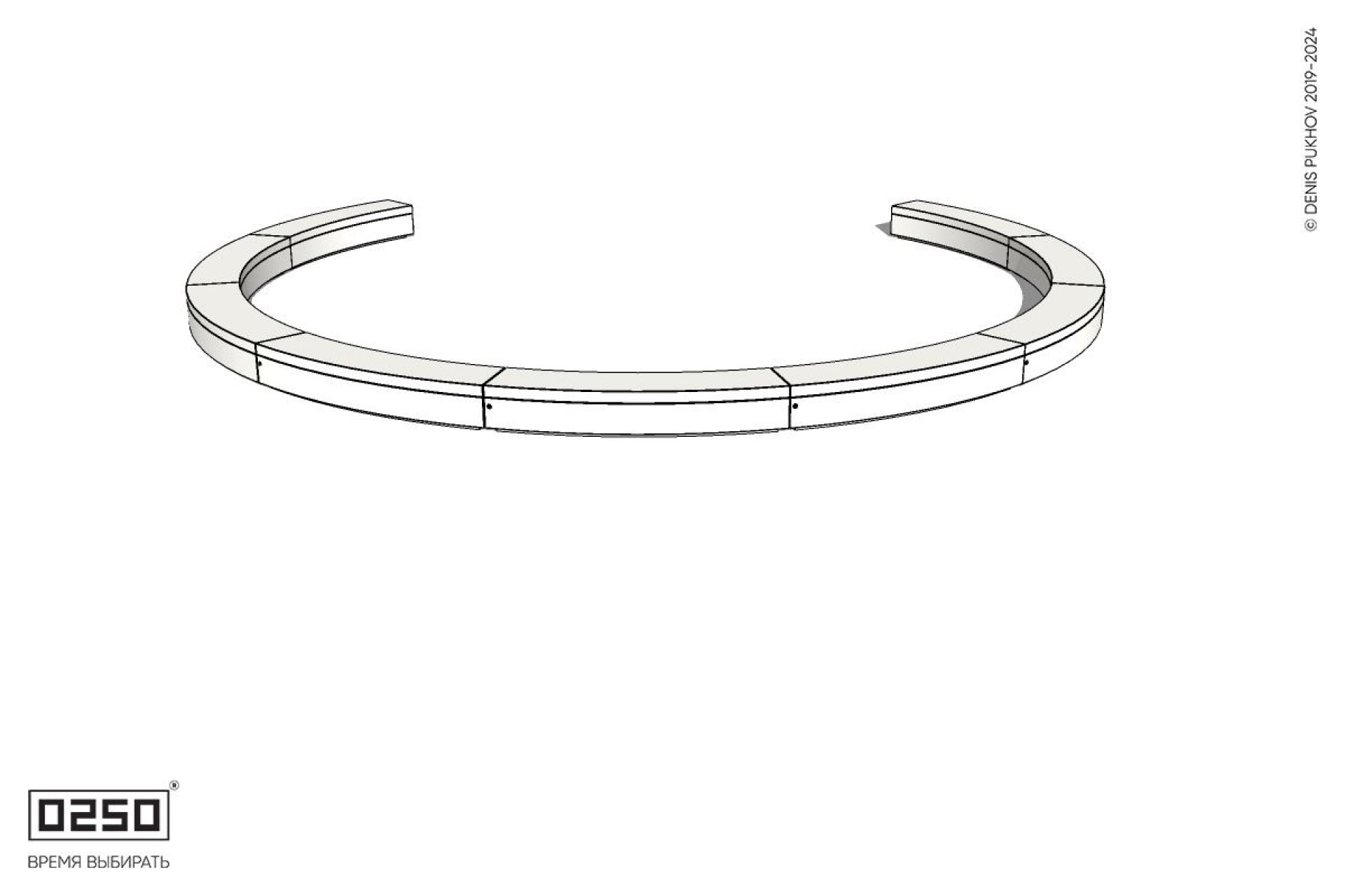 Уличная Бетонная с-образная скамейка  девятипролетная большого радиуса на блоке производство 0250