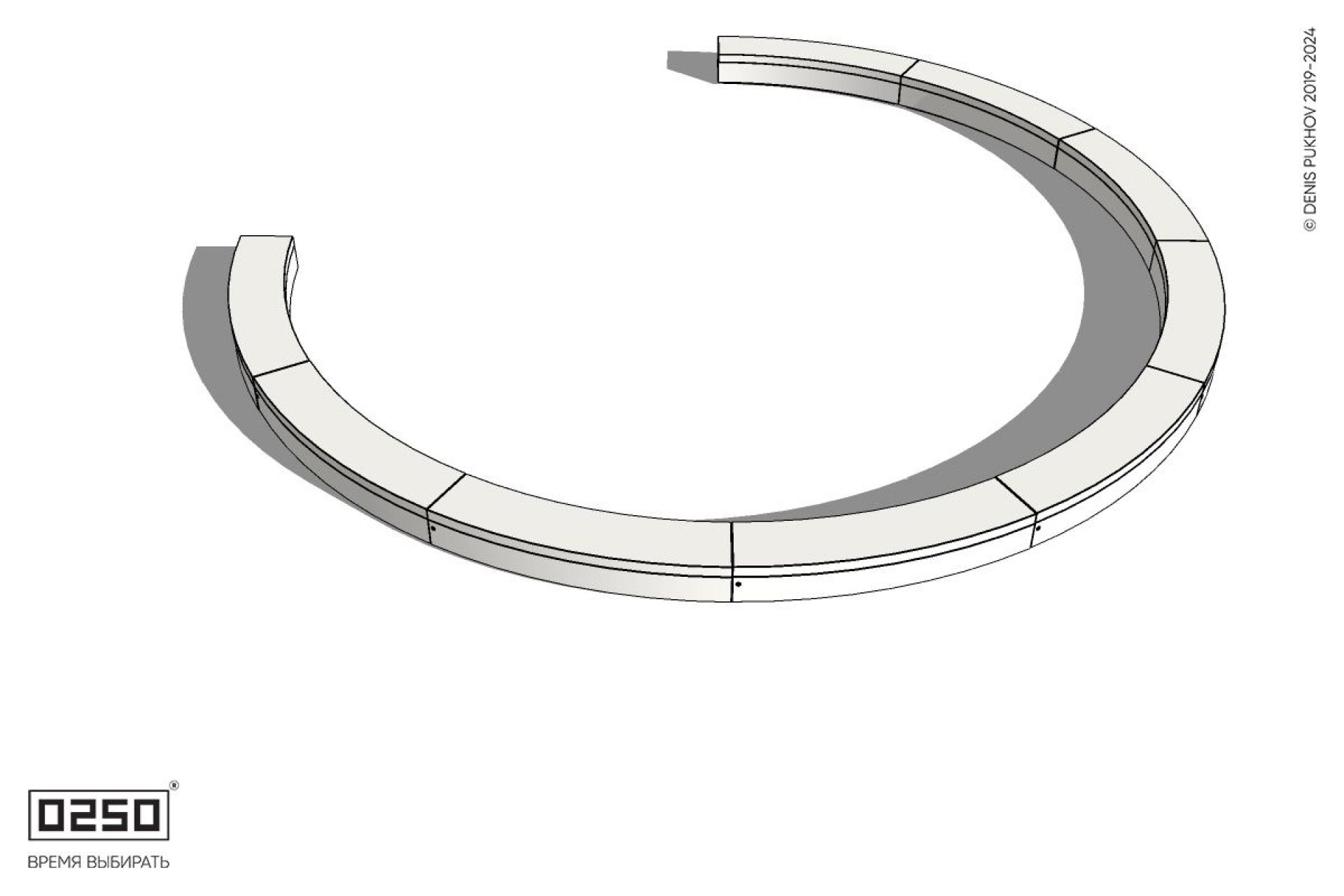 Уличная Бетонная с-образная скамейка  девятипролетная большого радиуса на блоке производство 0250