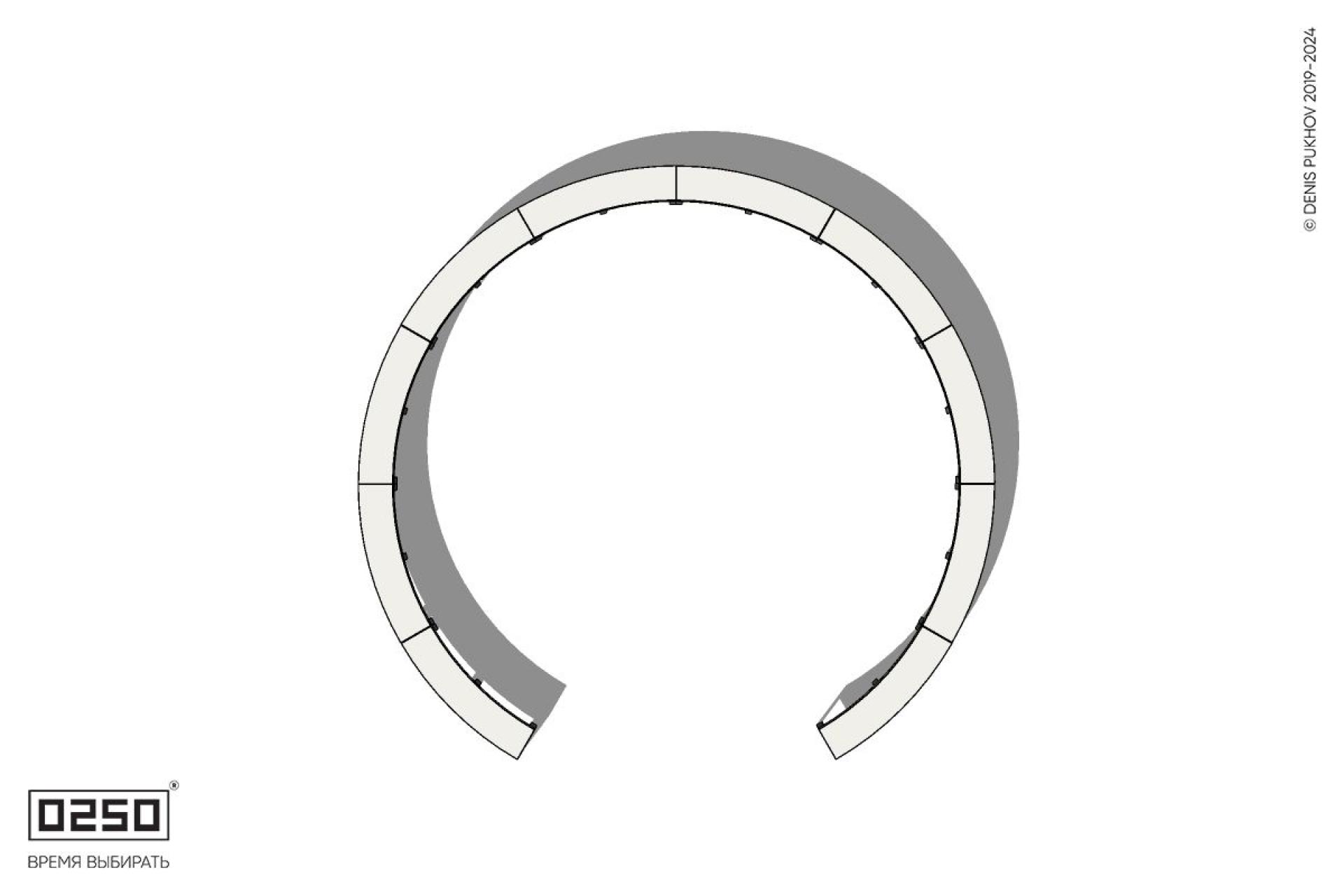 Уличная Бетонная с-образная скамейка  десятипролетная большого радиуса на ножках производство 0250, module