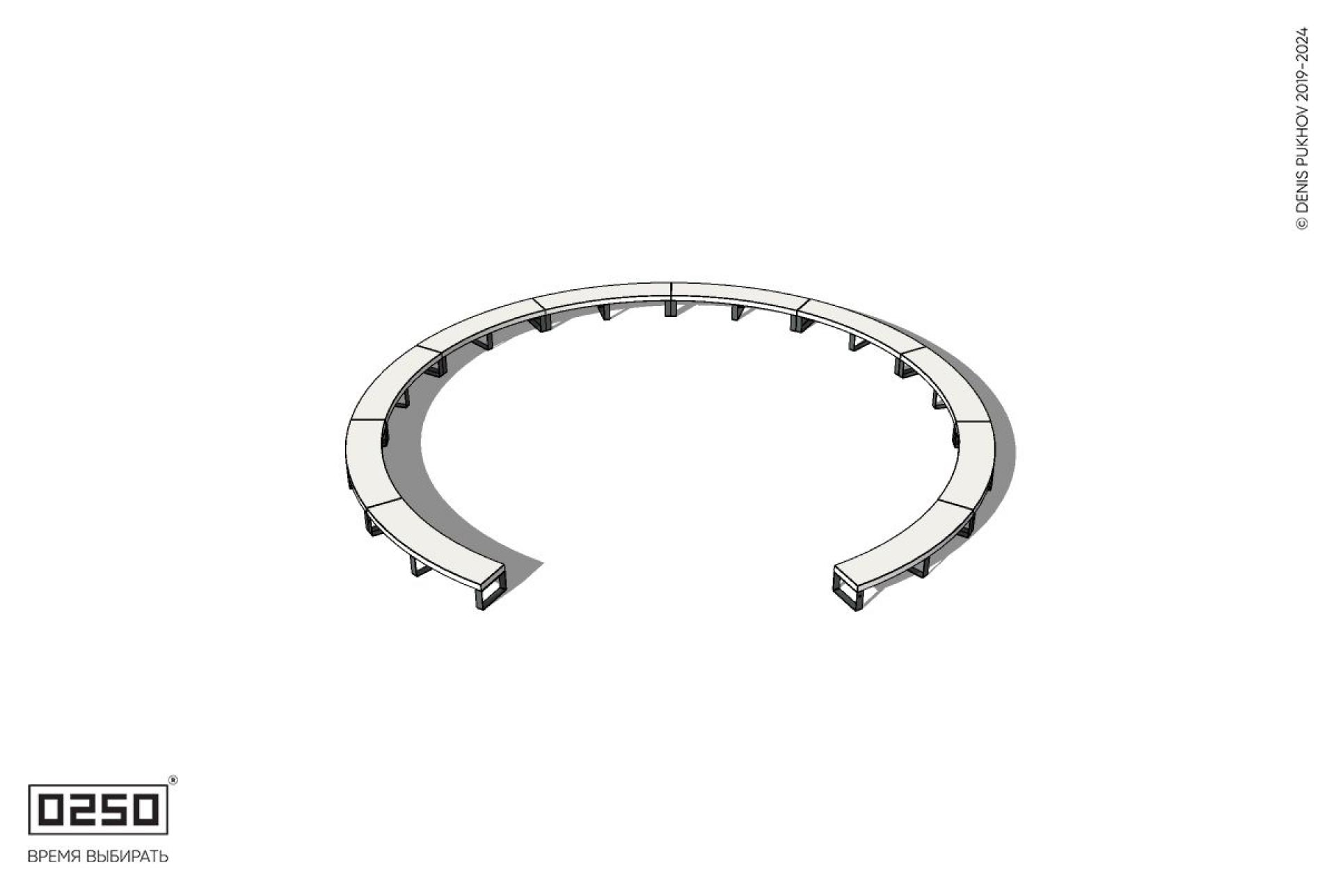 Уличная Бетонная с-образная скамейка  десятипролетная большого радиуса на ножках производство 0250