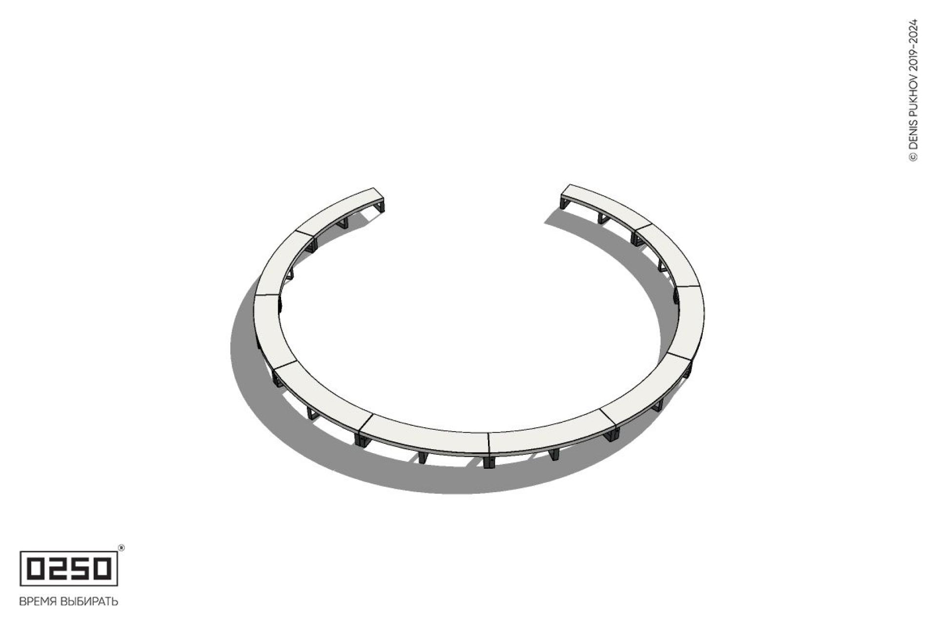 Уличная Бетонная с-образная скамейка  десятипролетная большого радиуса на ножках производство 0250