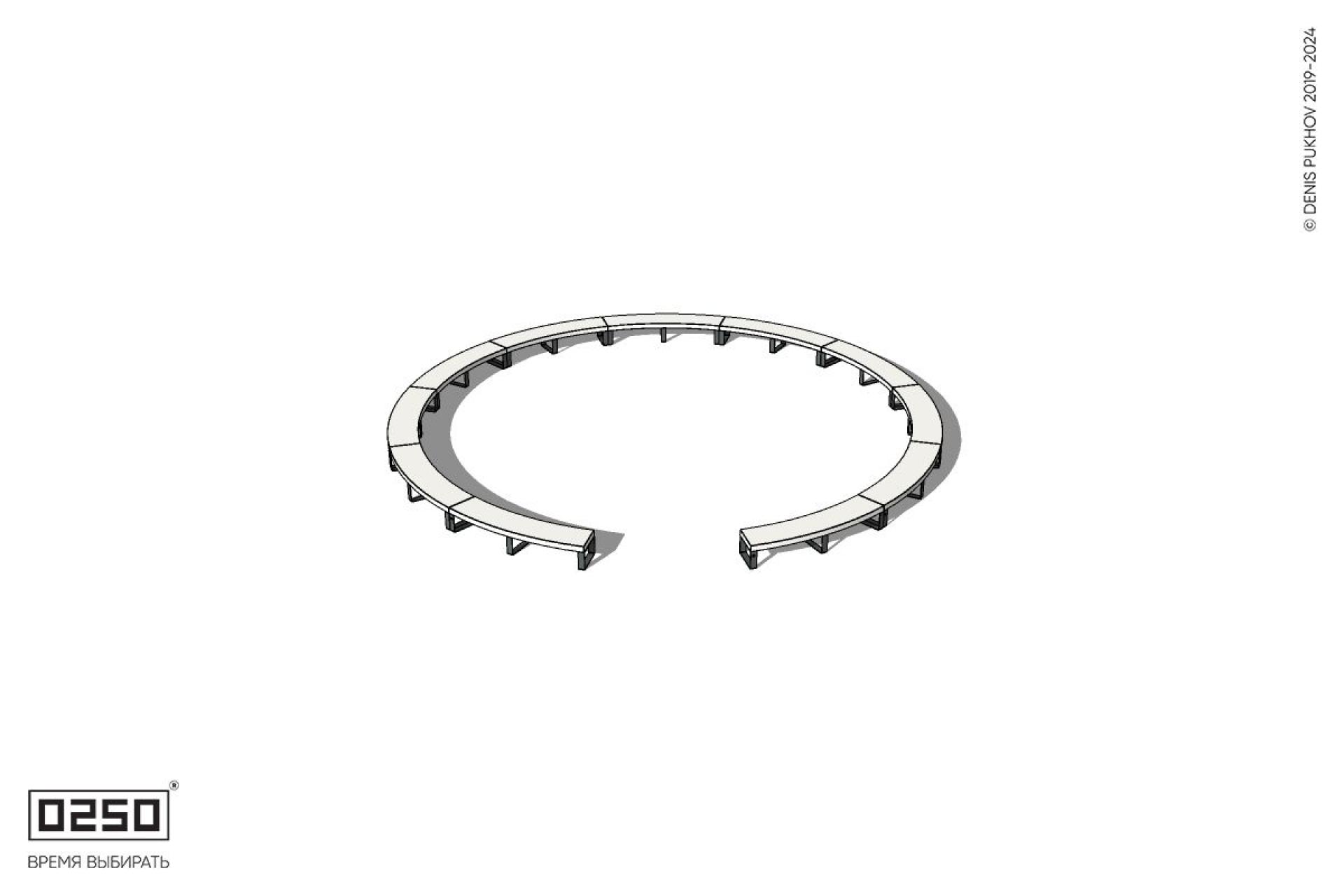 Уличная Бетонная с-образная скамейка  одиннадцатипролетная большого радиуса на ножках производство 0250