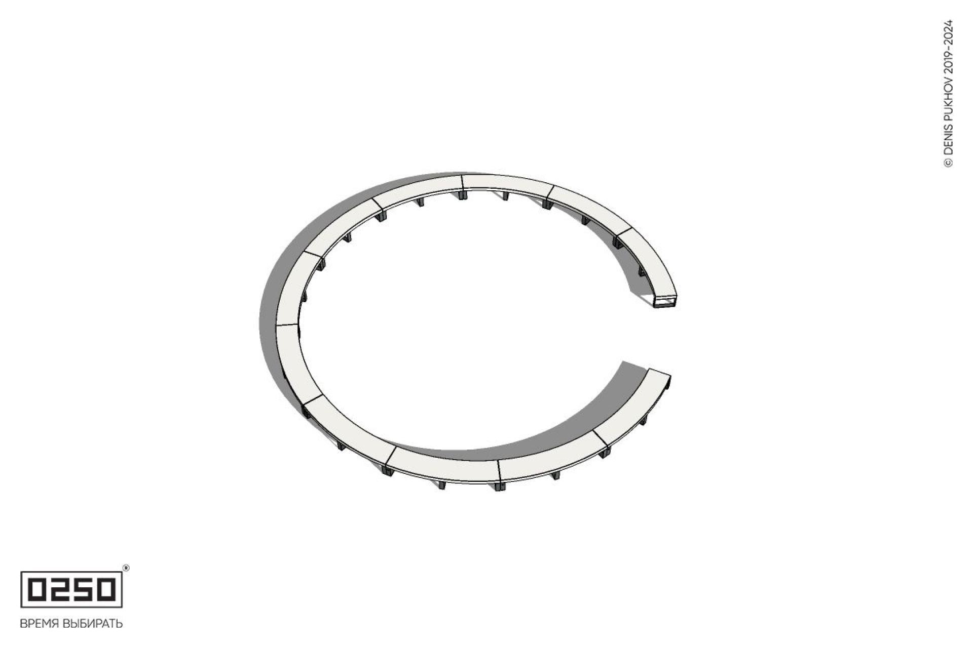 Уличная Бетонная с-образная скамейка  одиннадцатипролетная большого радиуса на ножках производство 0250