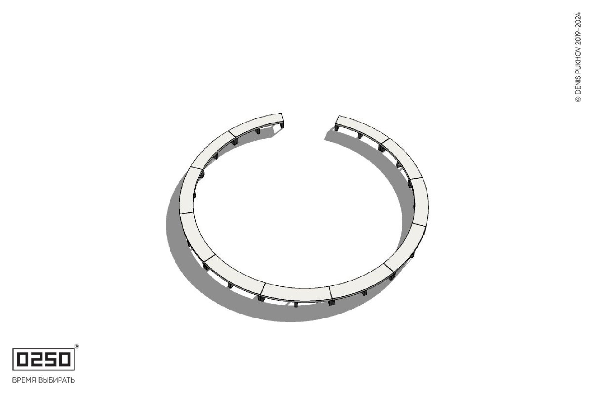 Уличная Бетонная с-образная скамейка  одиннадцатипролетная большого радиуса на ножках производство 0250