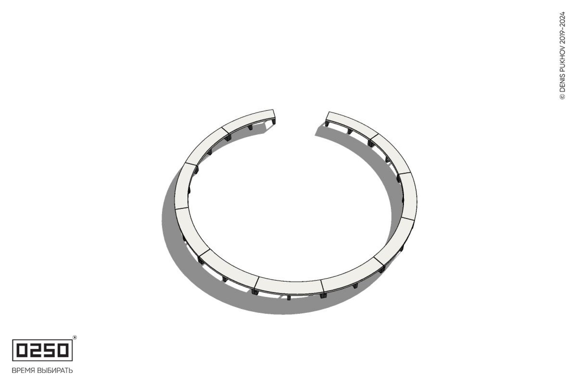 Уличная Бетонная с-образная скамейка  одиннадцатипролетная большого радиуса на ножках производство 0250