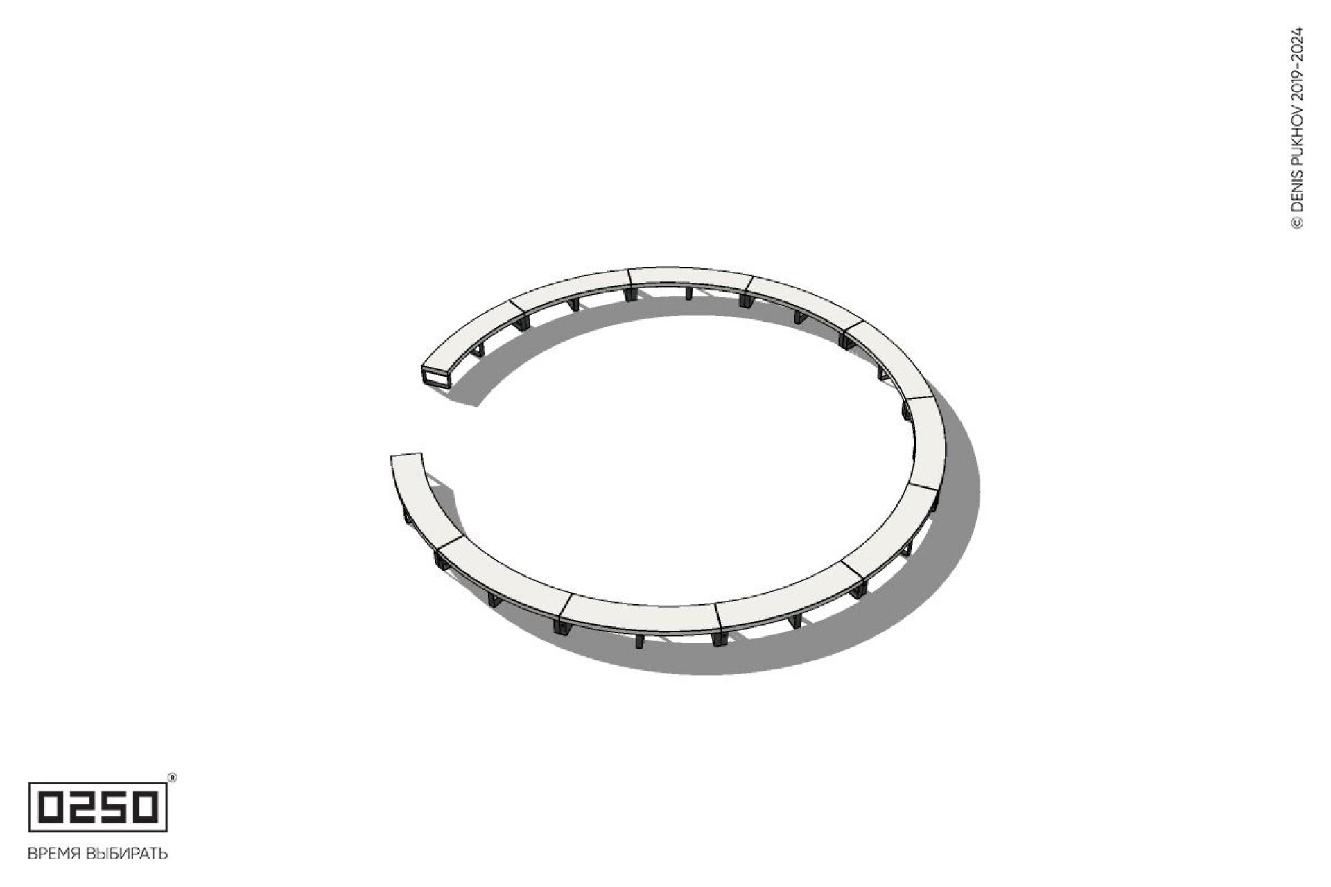 Уличная Бетонная с-образная скамейка  одиннадцатипролетная большого радиуса на ножках производство 0250