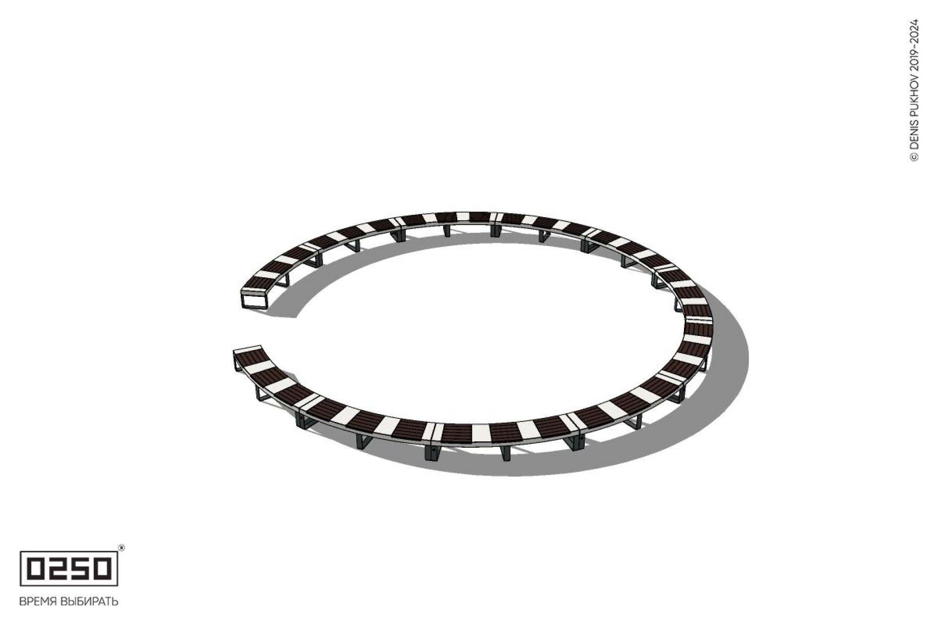 Уличная Кольцевидная скамейка большого радиуса одиннадцатипролетная на ножках производство 0250