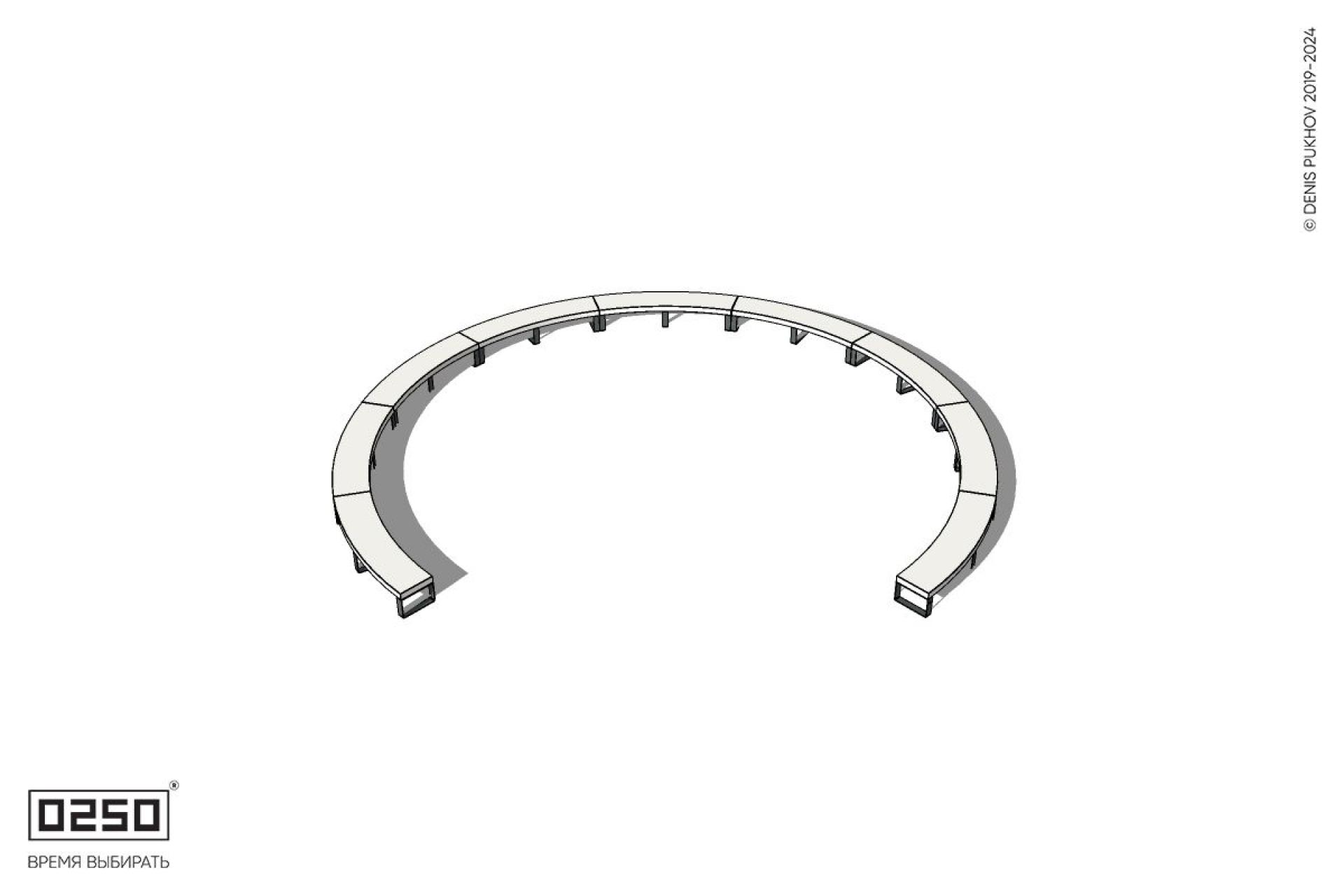 Уличная Бетонная с-образная скамейка  десятипролетная большого радиуса на ножках производство 0250