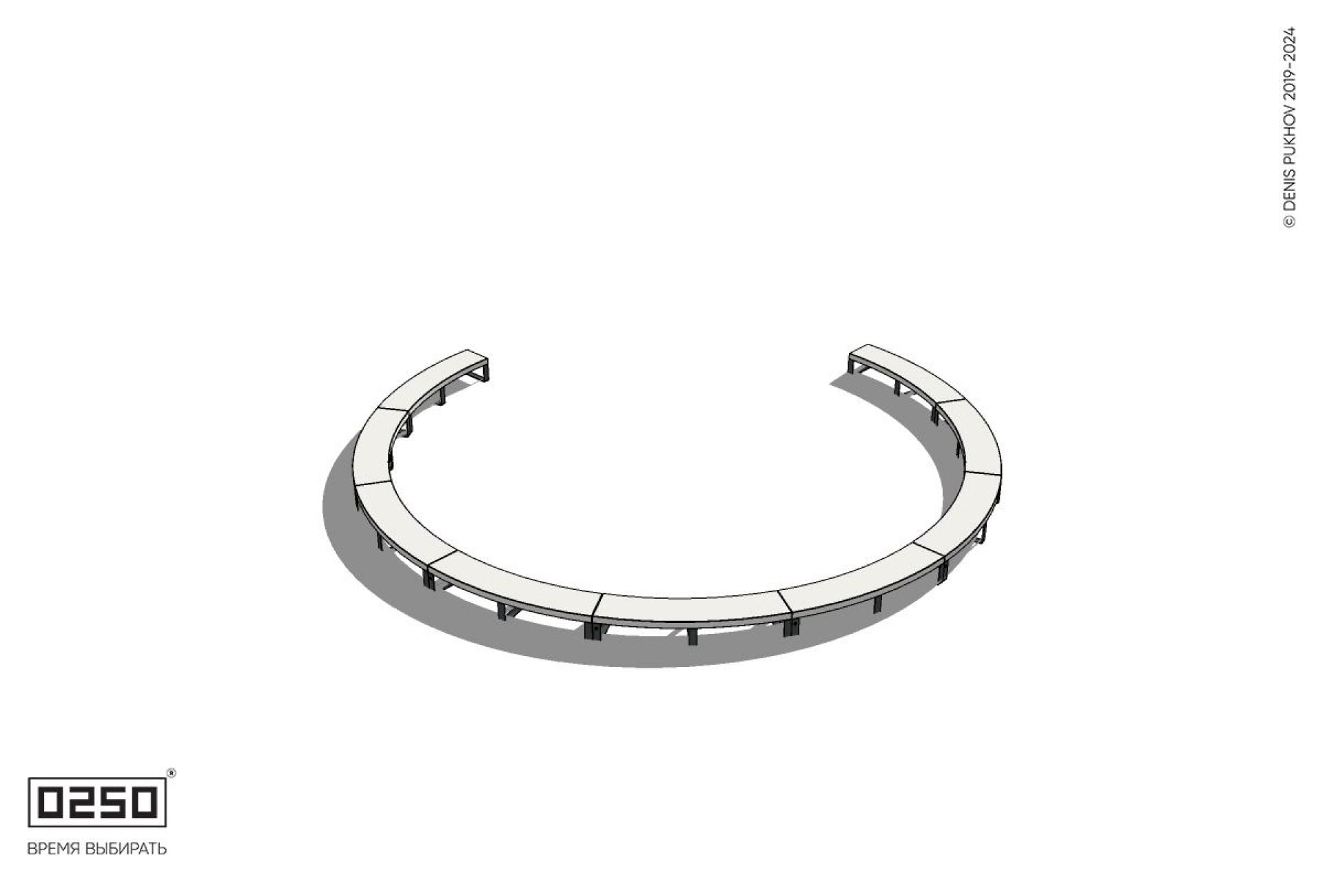 Уличная Бетонная с-образная скамейка  десятипролетная большого радиуса на ножках производство 0250