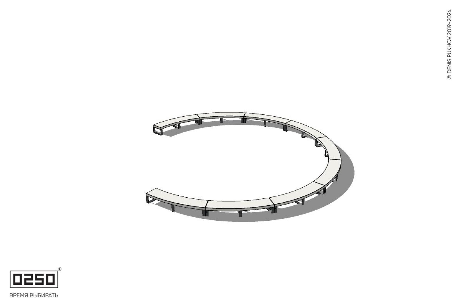 Уличная Бетонная с-образная скамейка  десятипролетная большого радиуса на ножках производство 0250