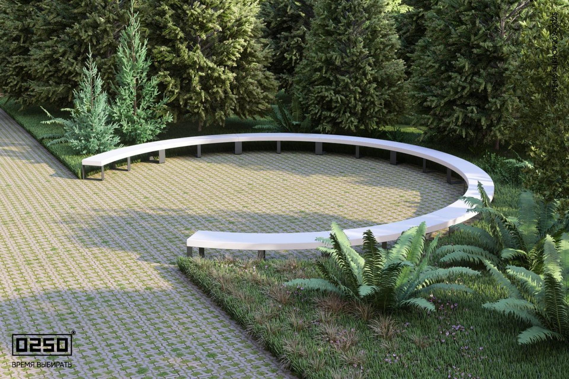 Уличная Бетонная с-образная скамейка  десятипролетная большого радиуса на ножках производство 0250, module