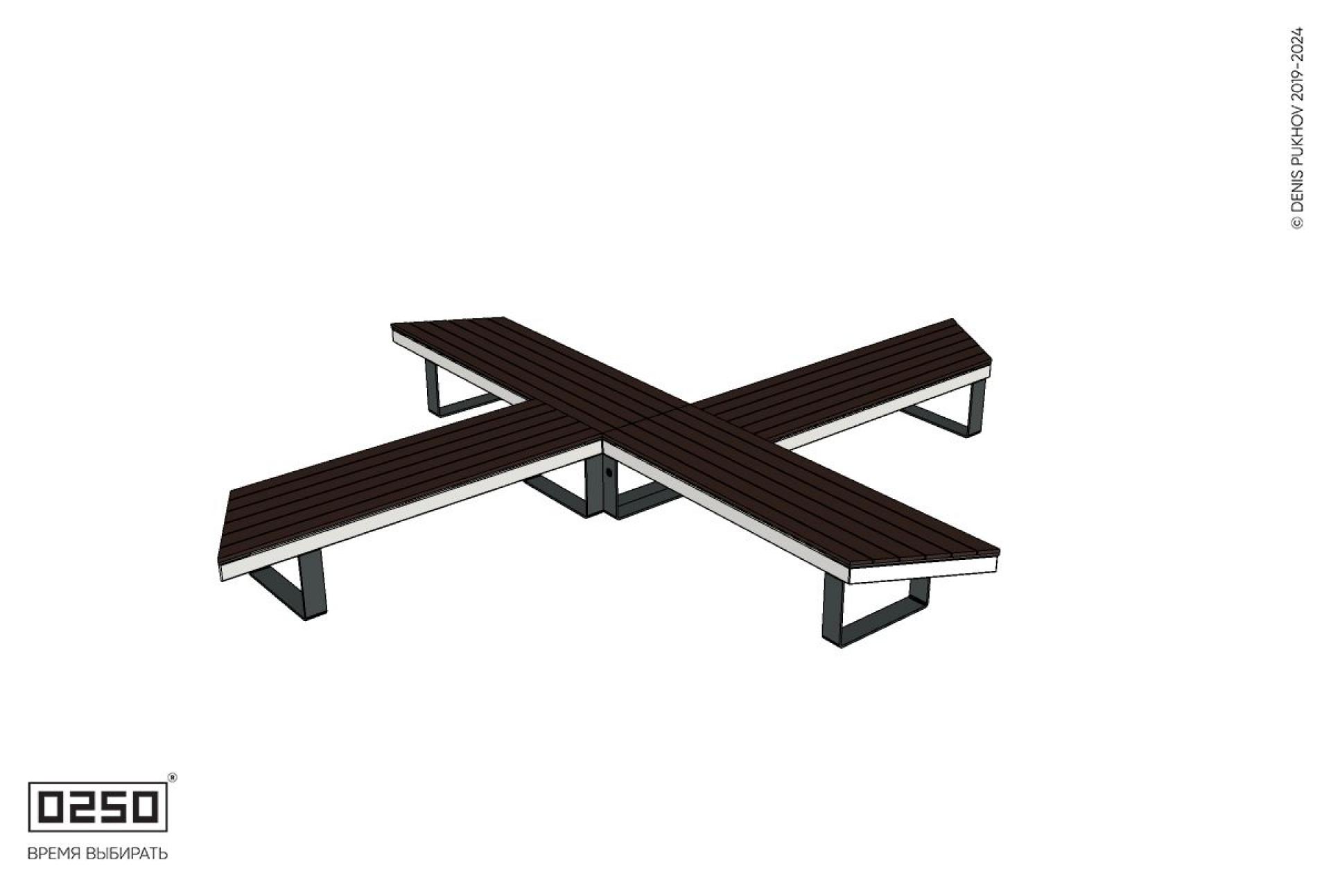 Уличная Крестовая двухугловая скошенная скамейка на ножках производство 0250 Уличная Крестовая двухугловая скошенная скамейка на ножках производство 0250