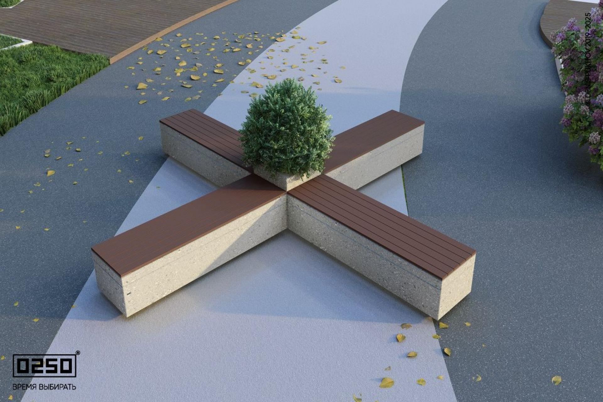 Визуализация модульная скамейка из нескольких бетонных блоков с вазоном серого 
