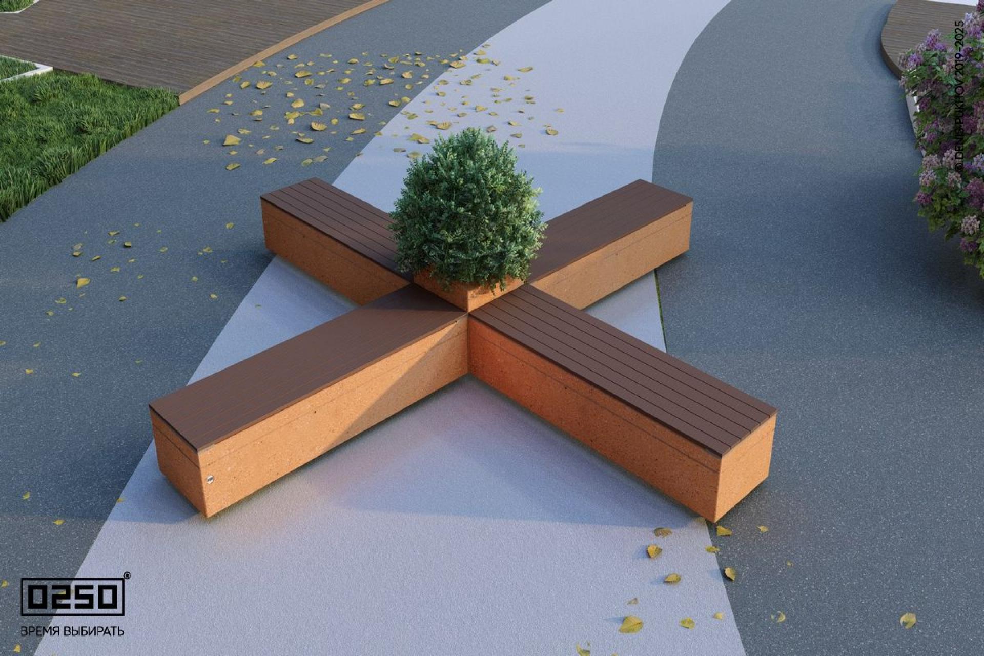 Визуализация модульная скамейка из нескольких бетонных блоков с вазоном