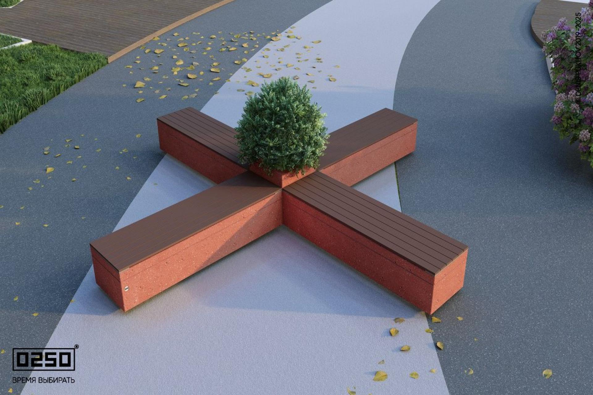 Визуализация модульная скамейка из нескольких бетонных блоков с вазоном красного