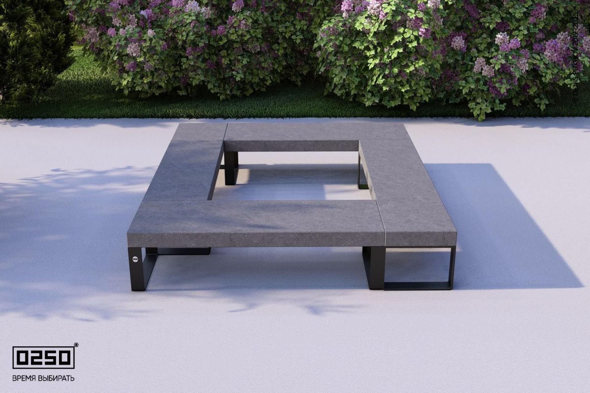 "Лунный кратер"цвета ультрабетона квадратной скамейки на ножках. Визуализация: Модульная квадратная скамейка на ножках с рамой из ультрабетона черного цвета