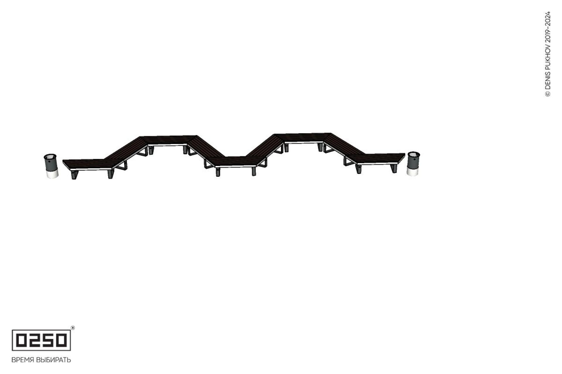 Уличная M-образная трапецеидальная короткая скамейка на ножках с двумя урнами Урбан 2 производство 0250