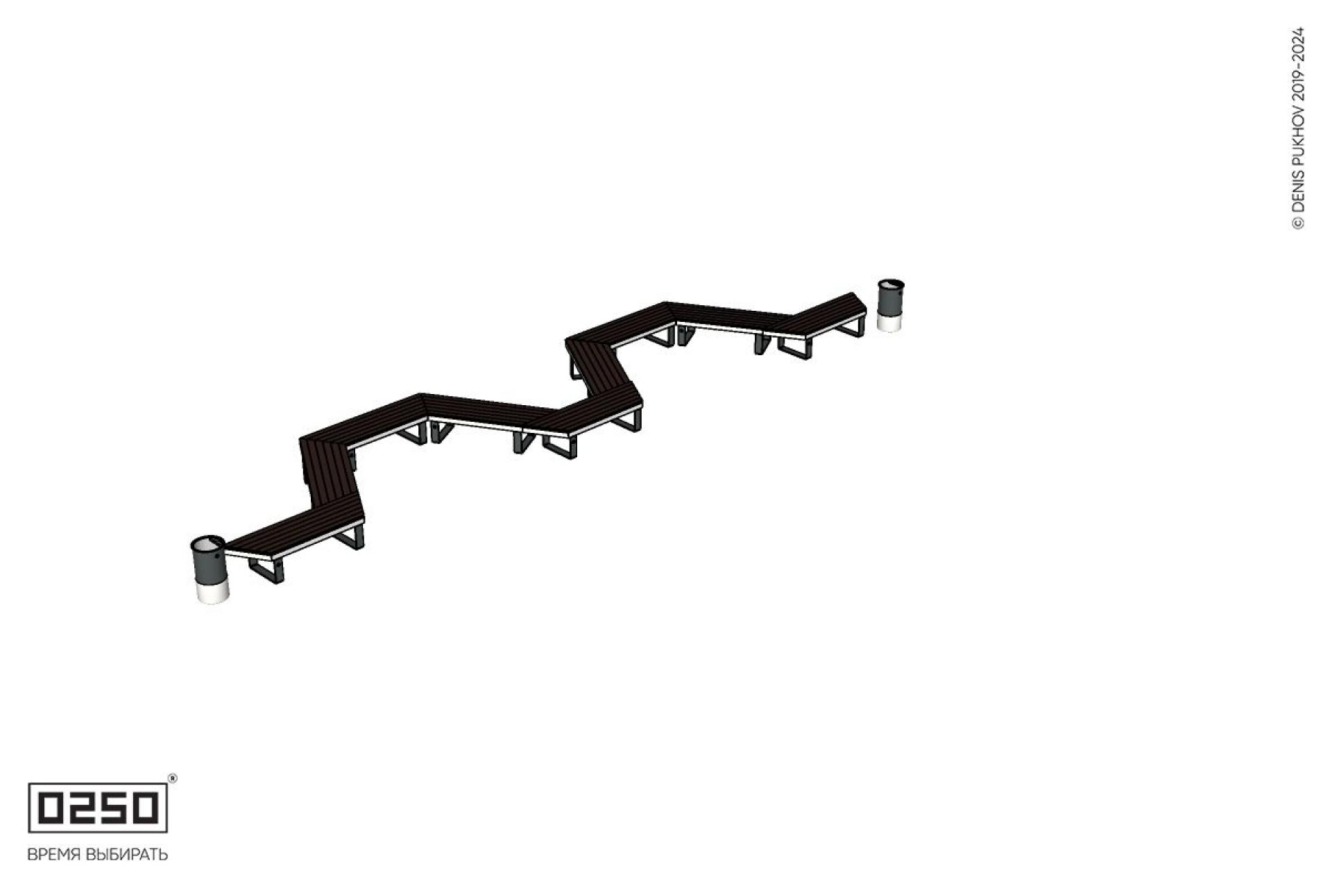 Уличная M-образная трапецеидальная короткая скамейка на ножках с двумя урнами Урбан 2 производство 0250, modul+