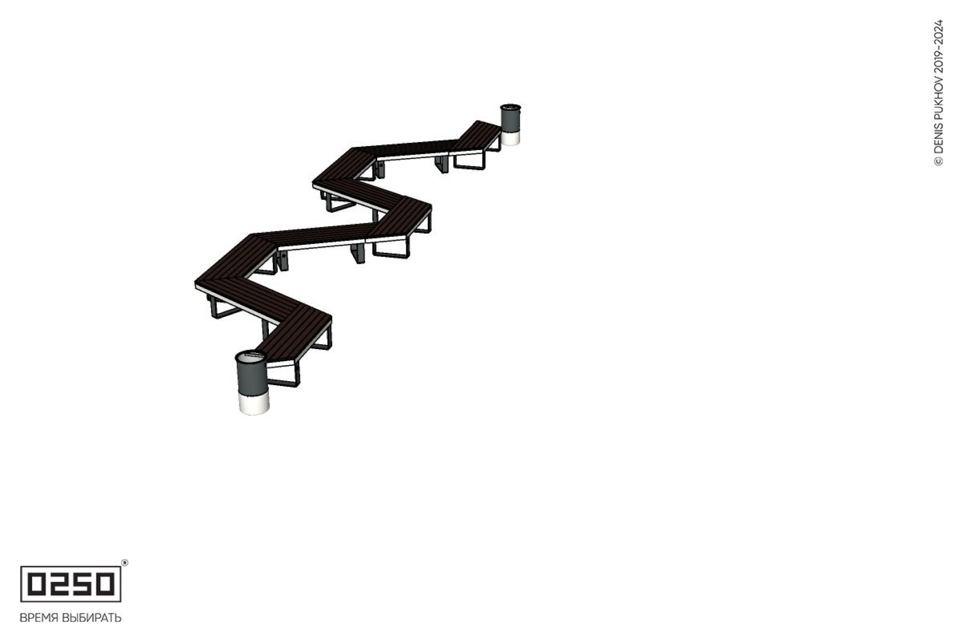 Уличная M-образная трапецеидальная короткая скамейка на ножках с двумя урнами Урбан 2 производство 0250