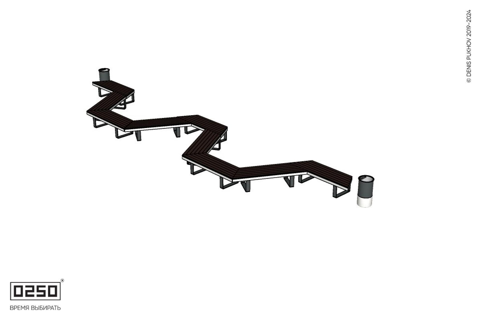 Уличная M-образная трапецеидальная короткая скамейка на ножках с двумя урнами Урбан 2 производство 0250